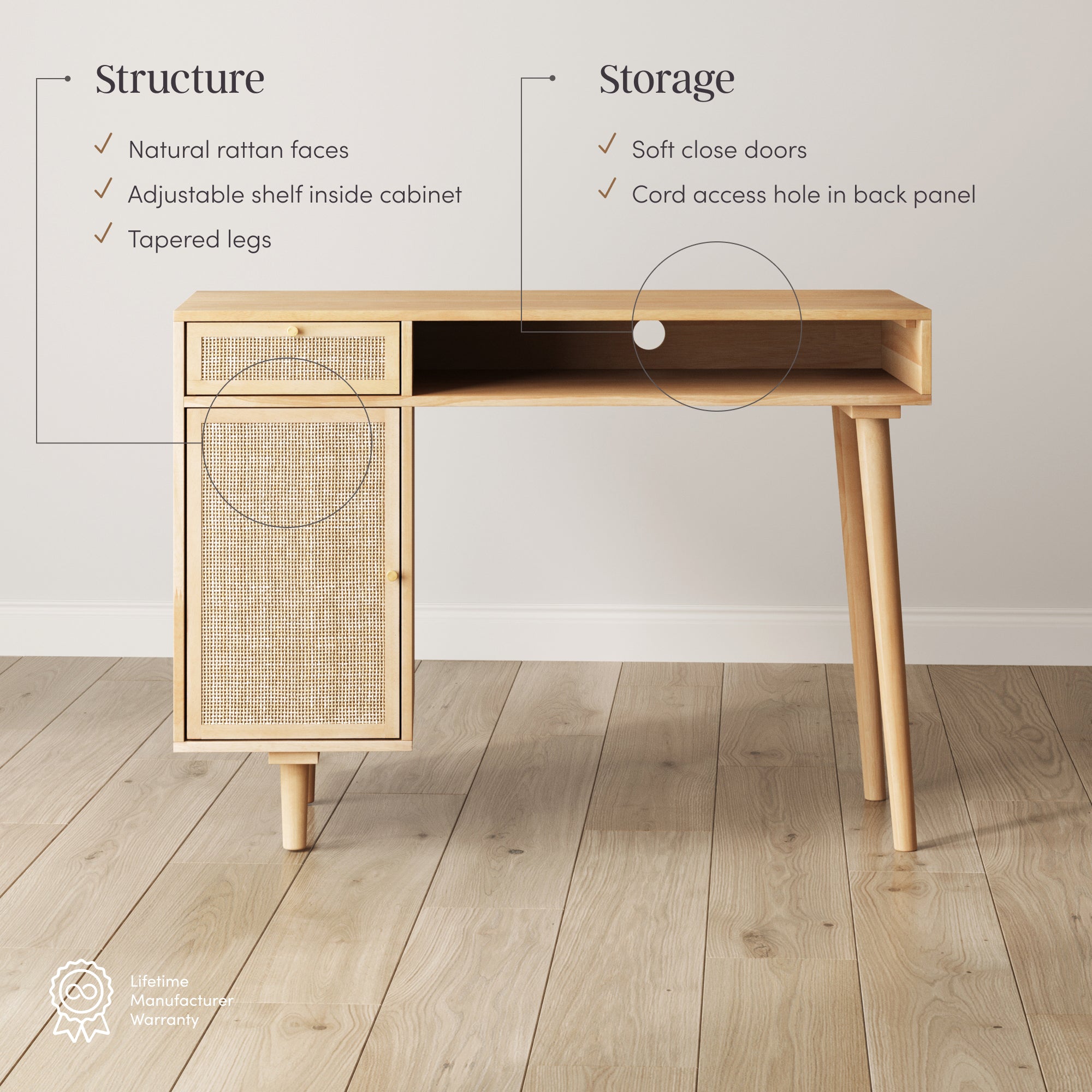 Boho Aaron Rattan Desk with Drawer | Nathan James
