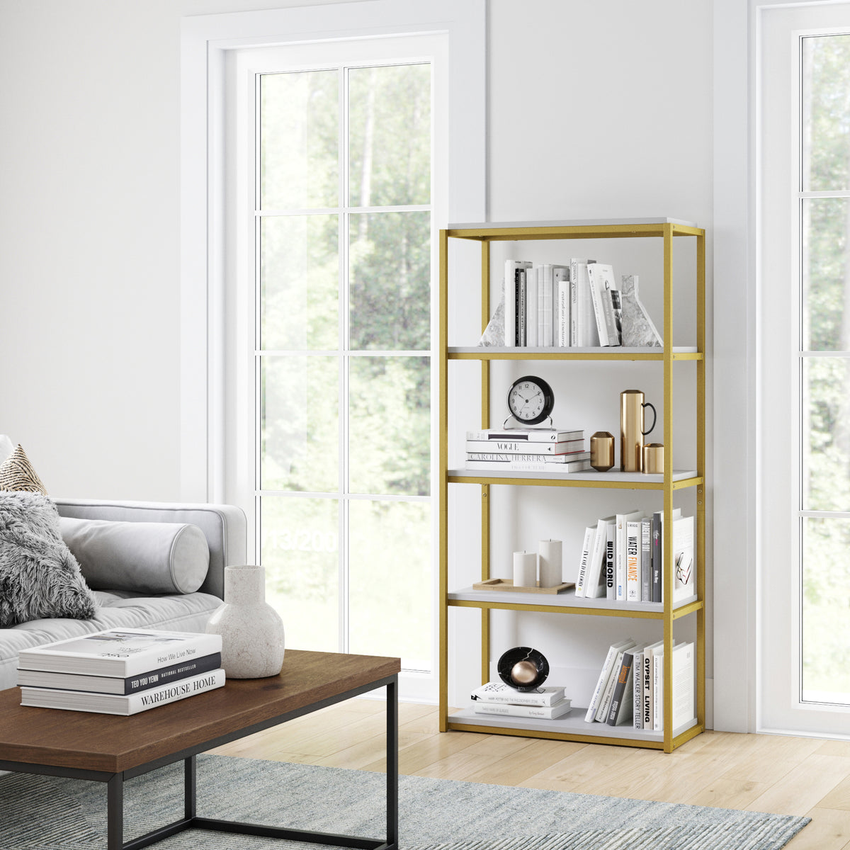 Oscar Etagere Bookshelf White 5-Shelf Gold Metal Frame | Nathan James