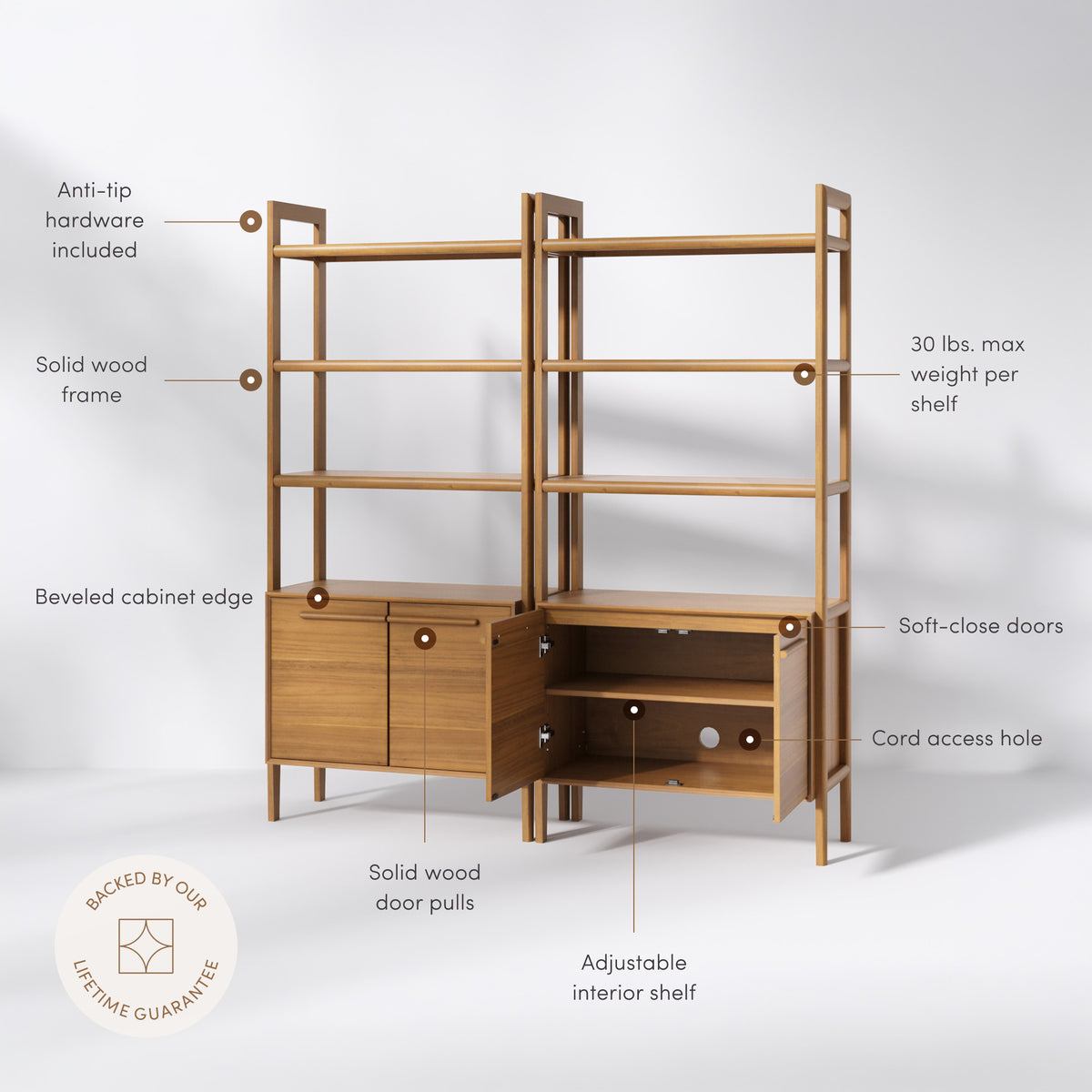 Modern Sculpted Wood Bookshelf with Cabinet Acacia (Set of 2) - Nathan James