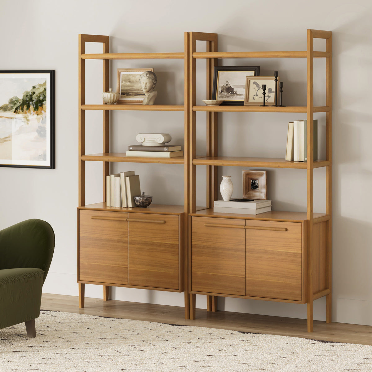 Modern Sculpted Wood Bookshelf with Cabinet Acacia (Set of 2) - Nathan James
