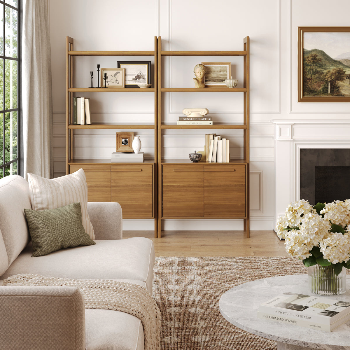Modern Sculpted Wood Bookshelf with Cabinet Acacia (Set of 2) - Nathan James