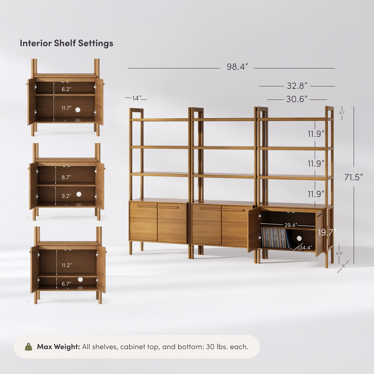 Modern Sculpted Wood Bookshelf with Cabinet Acacia (Set of 3) - Nathan James