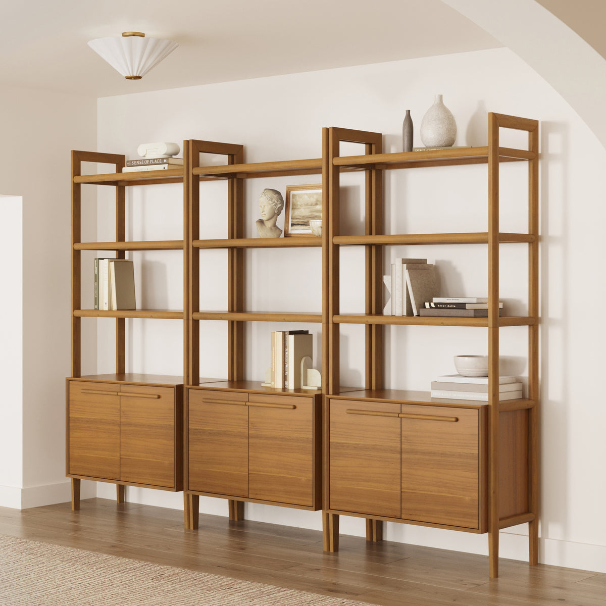 Modern Sculpted Wood Bookshelf with Cabinet Acacia (Set of 3) - Nathan James