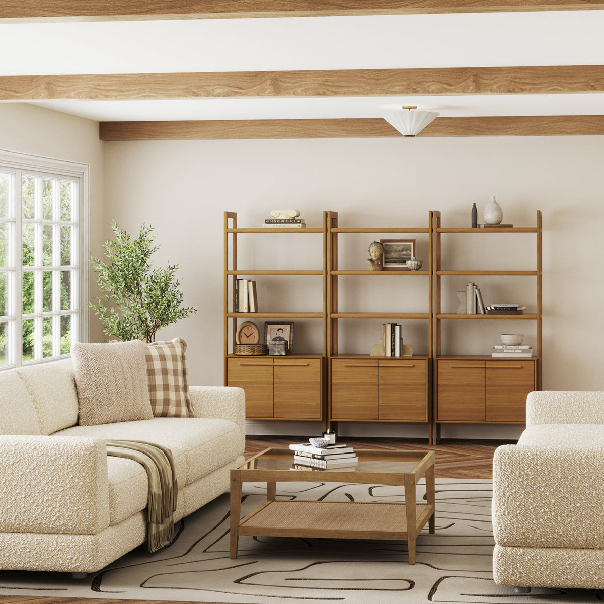 Modern Sculpted Wood Bookshelf with Cabinet Acacia (Set of 3) - Nathan James