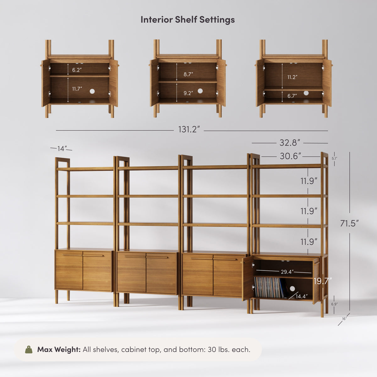 Modern Sculpted Wood Bookshelf with Cabinet Acacia (Set of 4) - Nathan James
