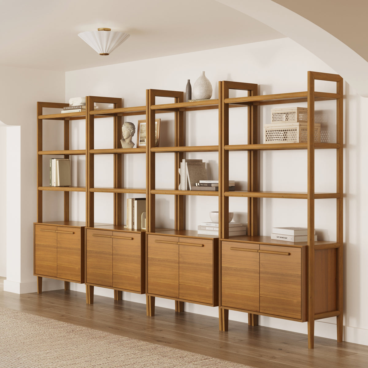 Modern Sculpted Wood Bookshelf with Cabinet Acacia (Set of 4) - Nathan James