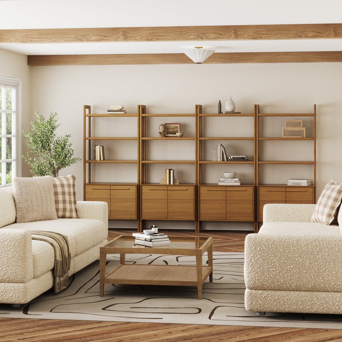 Modern Sculpted Wood Bookshelf with Cabinet Acacia (Set of 4) - Nathan James