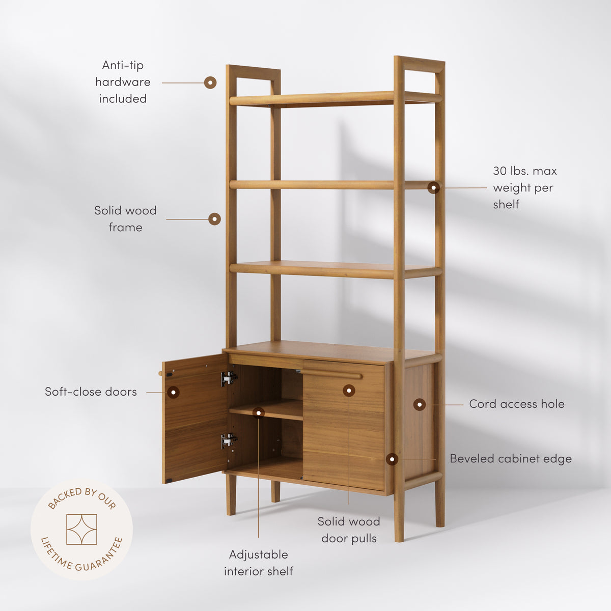 Modern Sculpted Wood Bookshelf with Cabinet Acacia - Nathan James