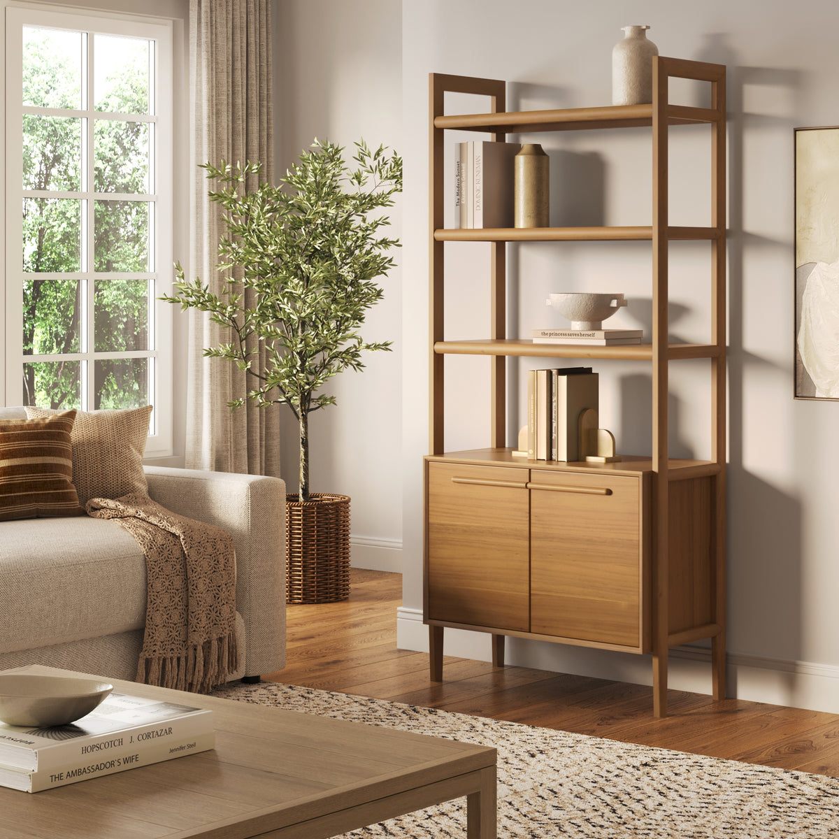 Modern Sculpted Wood Bookshelf with Cabinet Acacia - Nathan James
