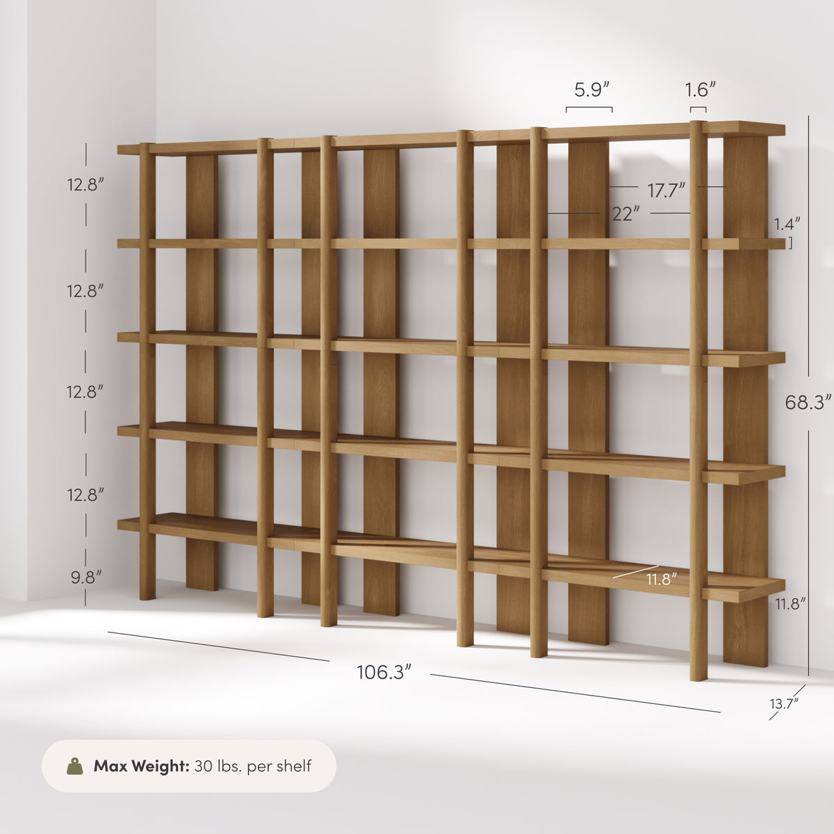 Modern Rounded Wood 5-Shelf Bookshelf Light Brown (Set of 3) - Nathan James