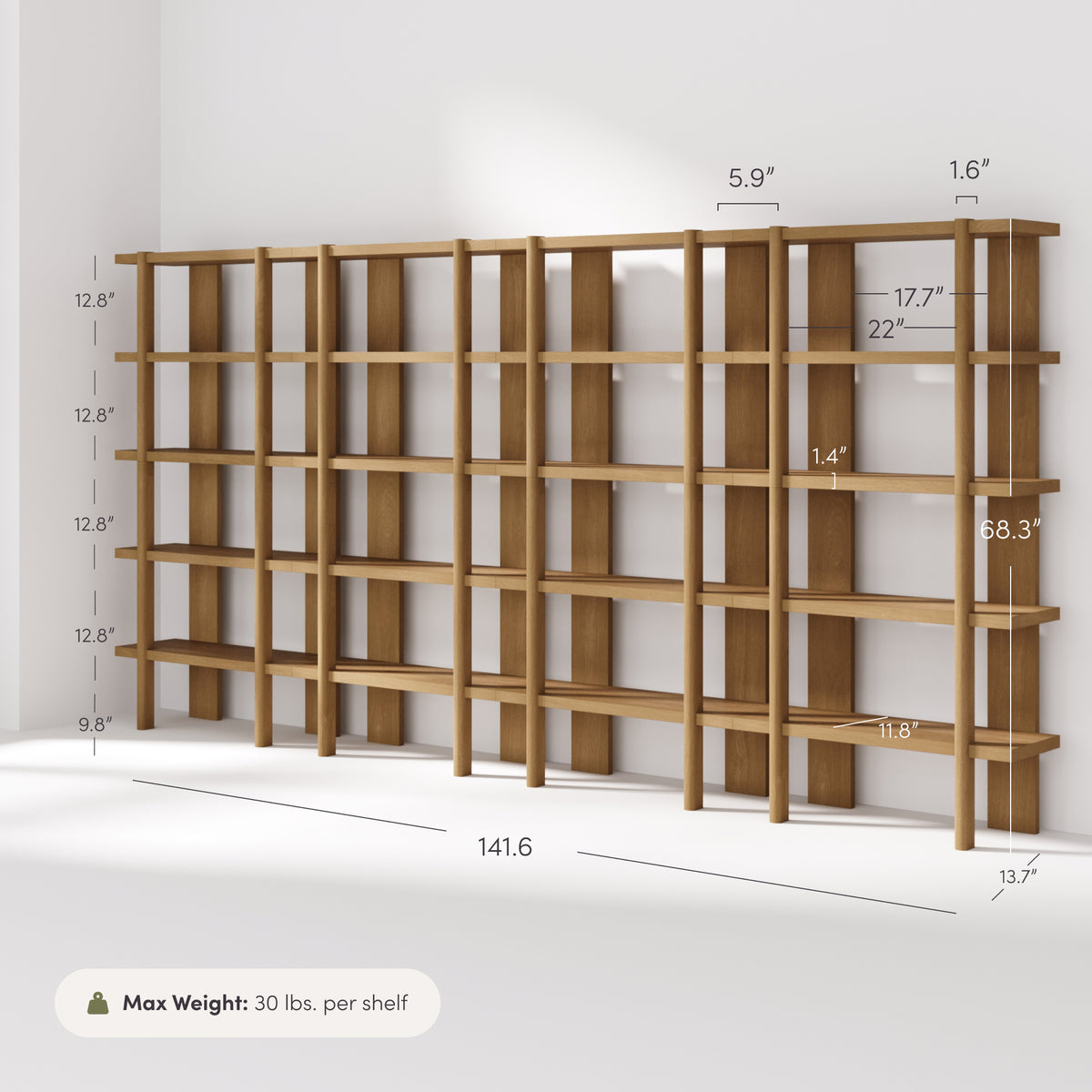 Modern Rounded Wood 5-Shelf Bookshelf Light Brown (Set of 4) - Nathan James