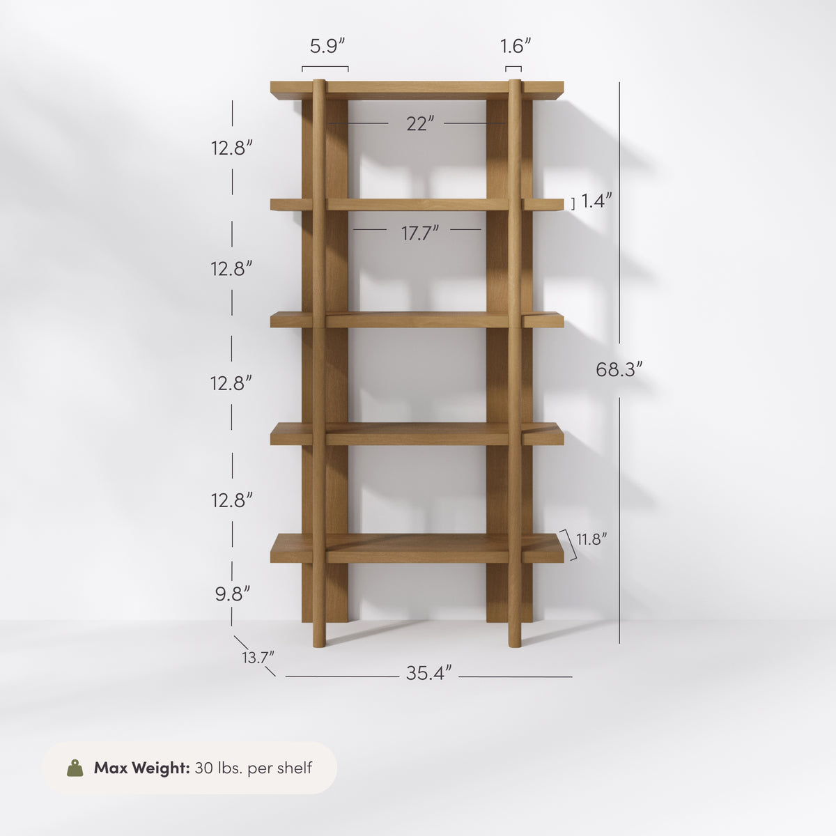 Modern Rounded Wood 5-Shelf Bookshelf Light Brown - Nathan James