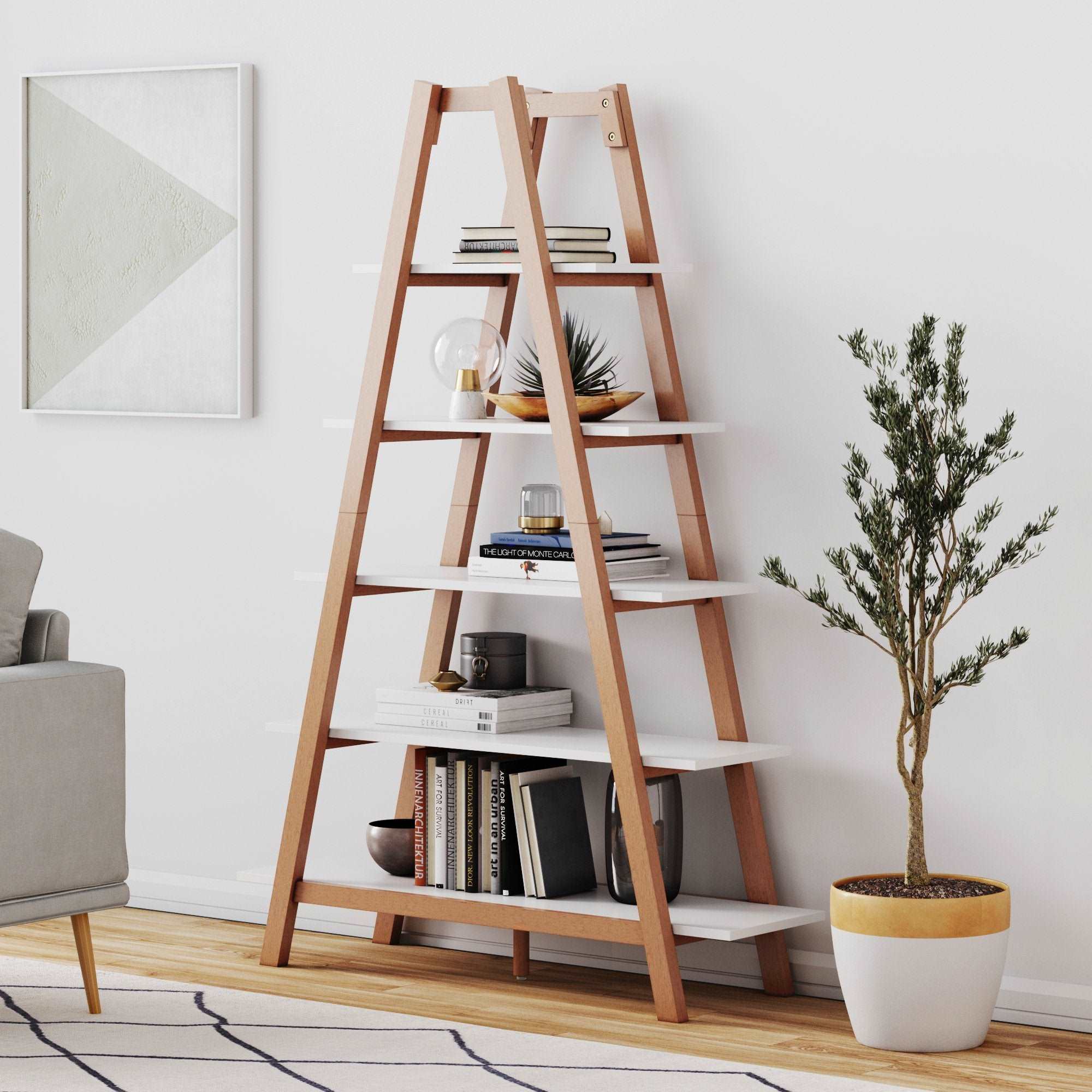 Wood 5-Shelf Ladder Display Bookshelf Medium Pine-Matte White