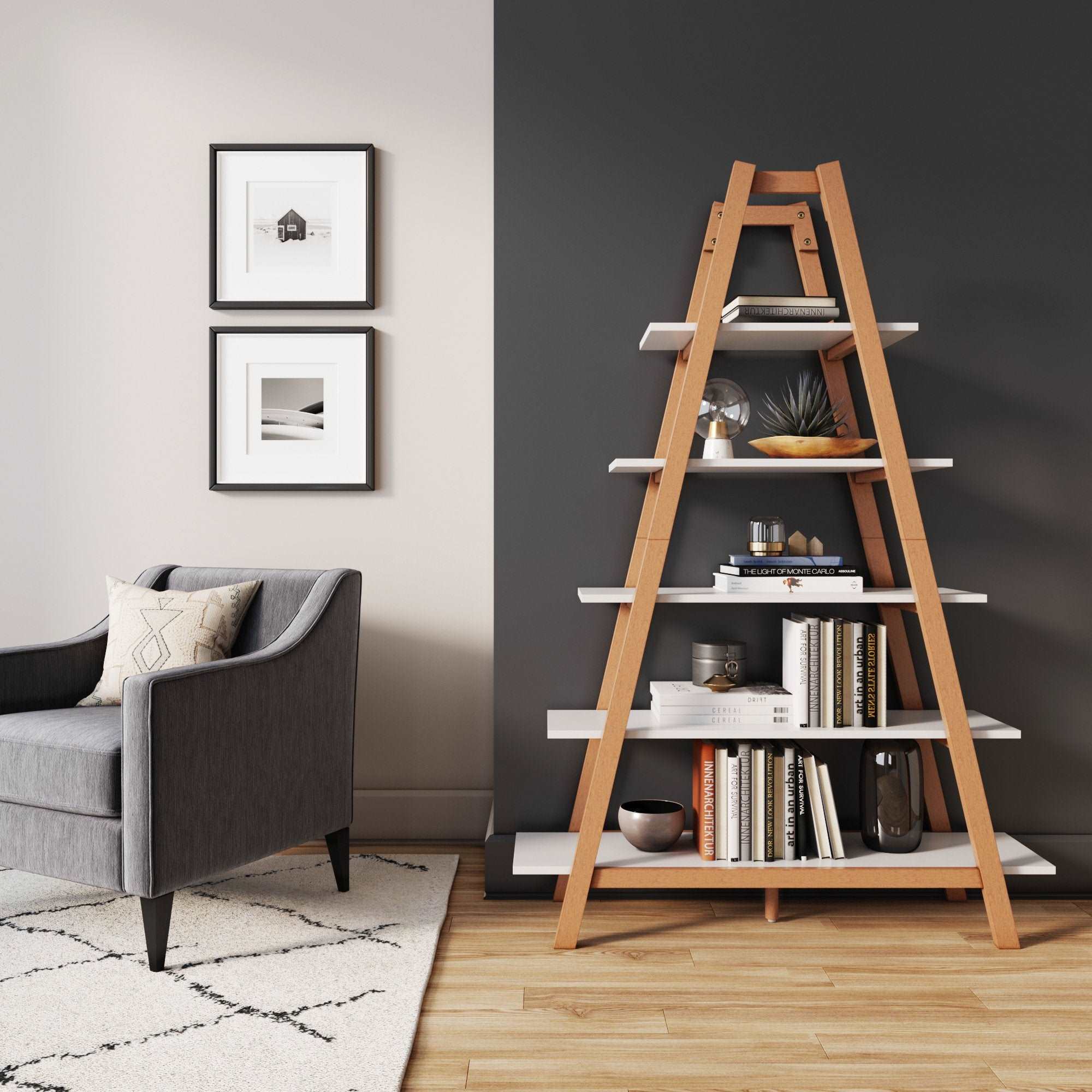 Wood 5-Shelf Ladder Display Bookshelf