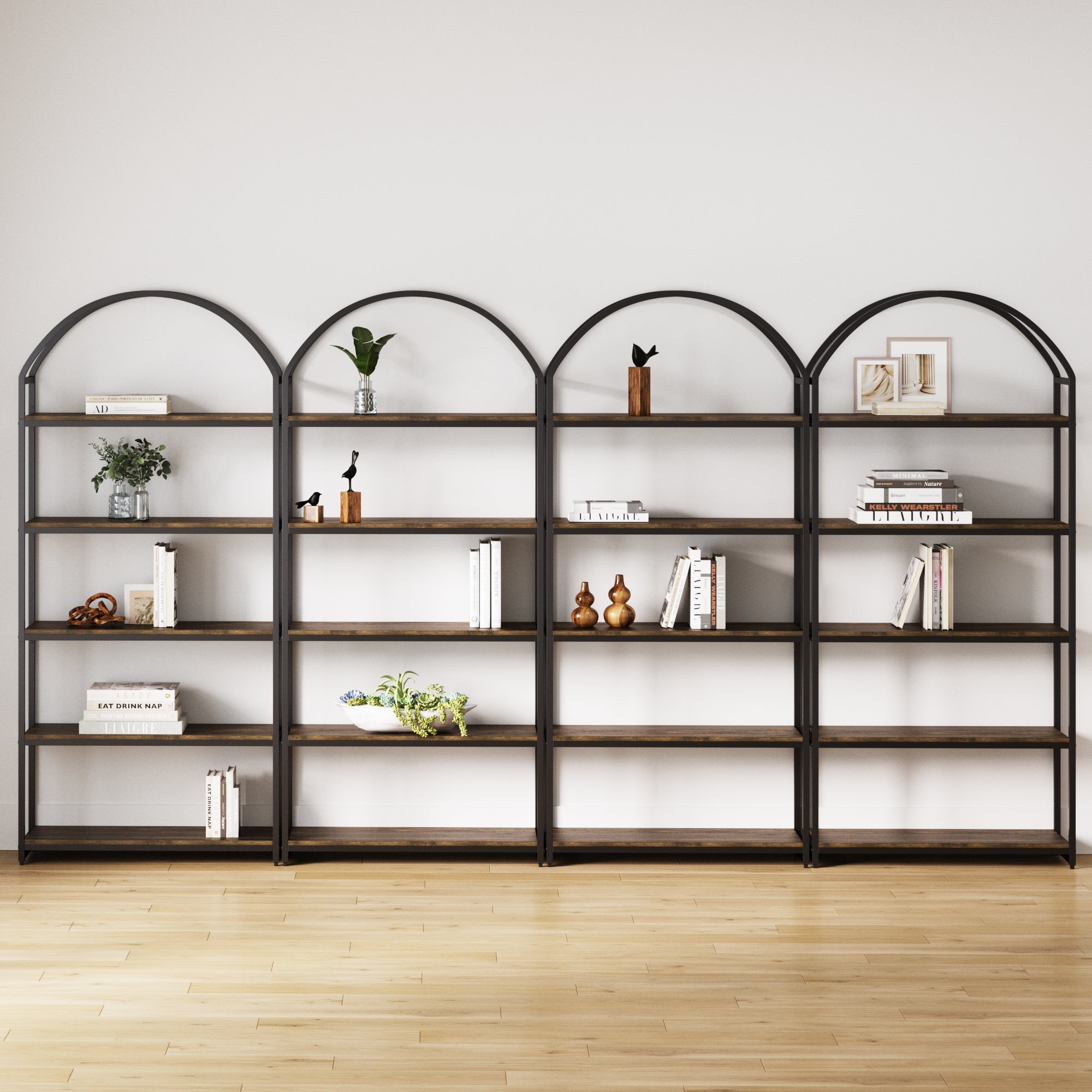 Metal 5-Shelf Arched Bookshelves Black (Set of 4)