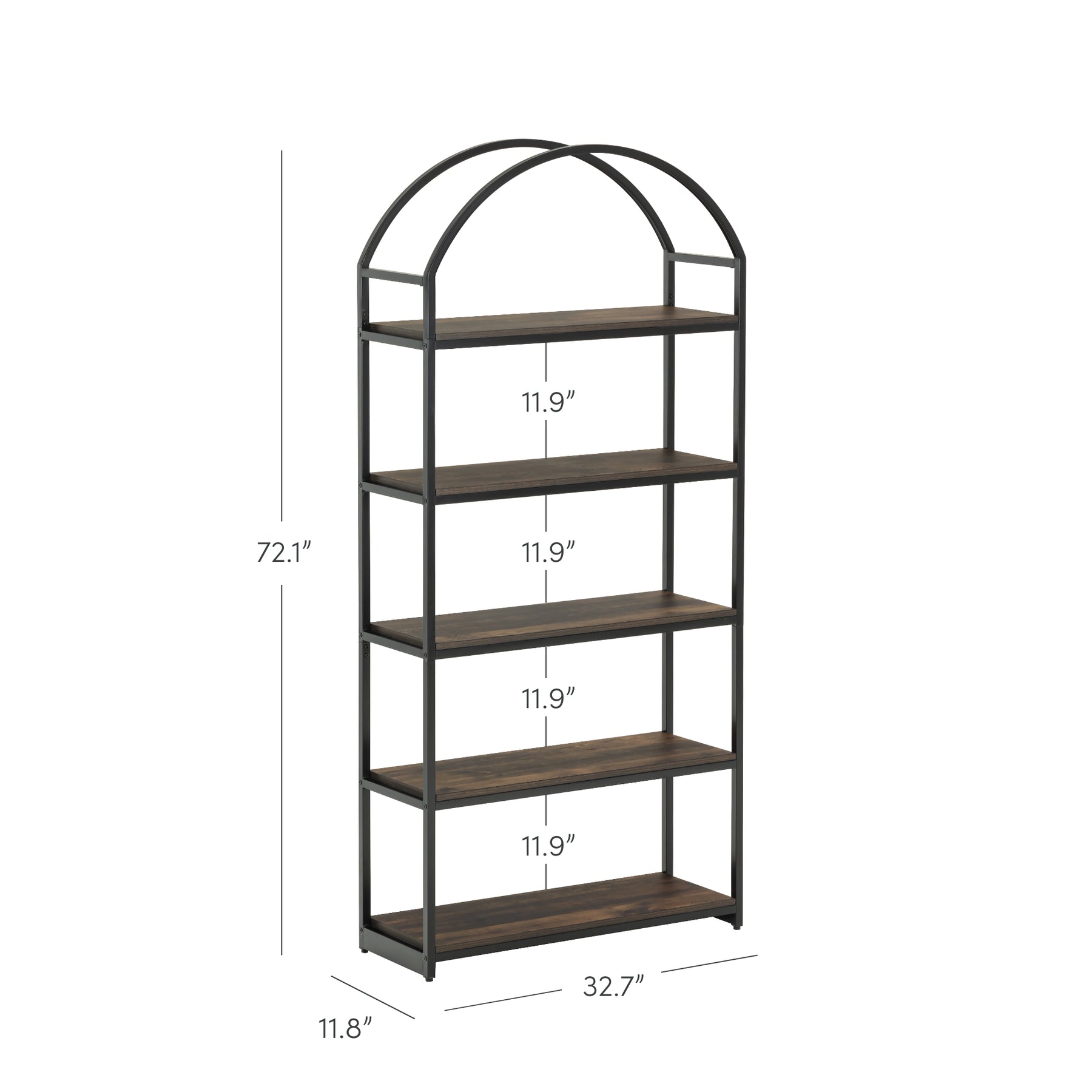 Wood & Metal 5-Shelf Arch Bookshelf Black