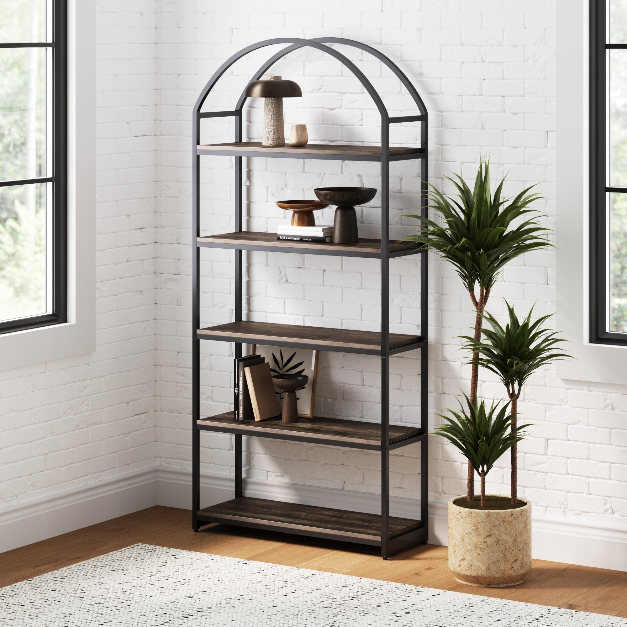 Haven Wood & Metal 5-Shelf Arch Bookshelf Black | Nathan James