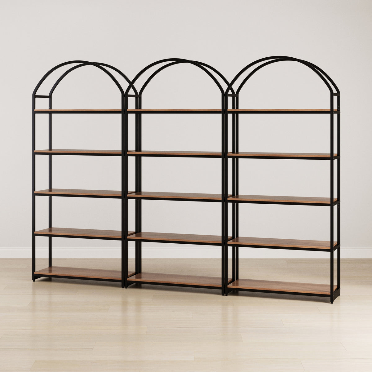 Metal 5-Shelf Arched Bookshelves Oak (Set of 3)