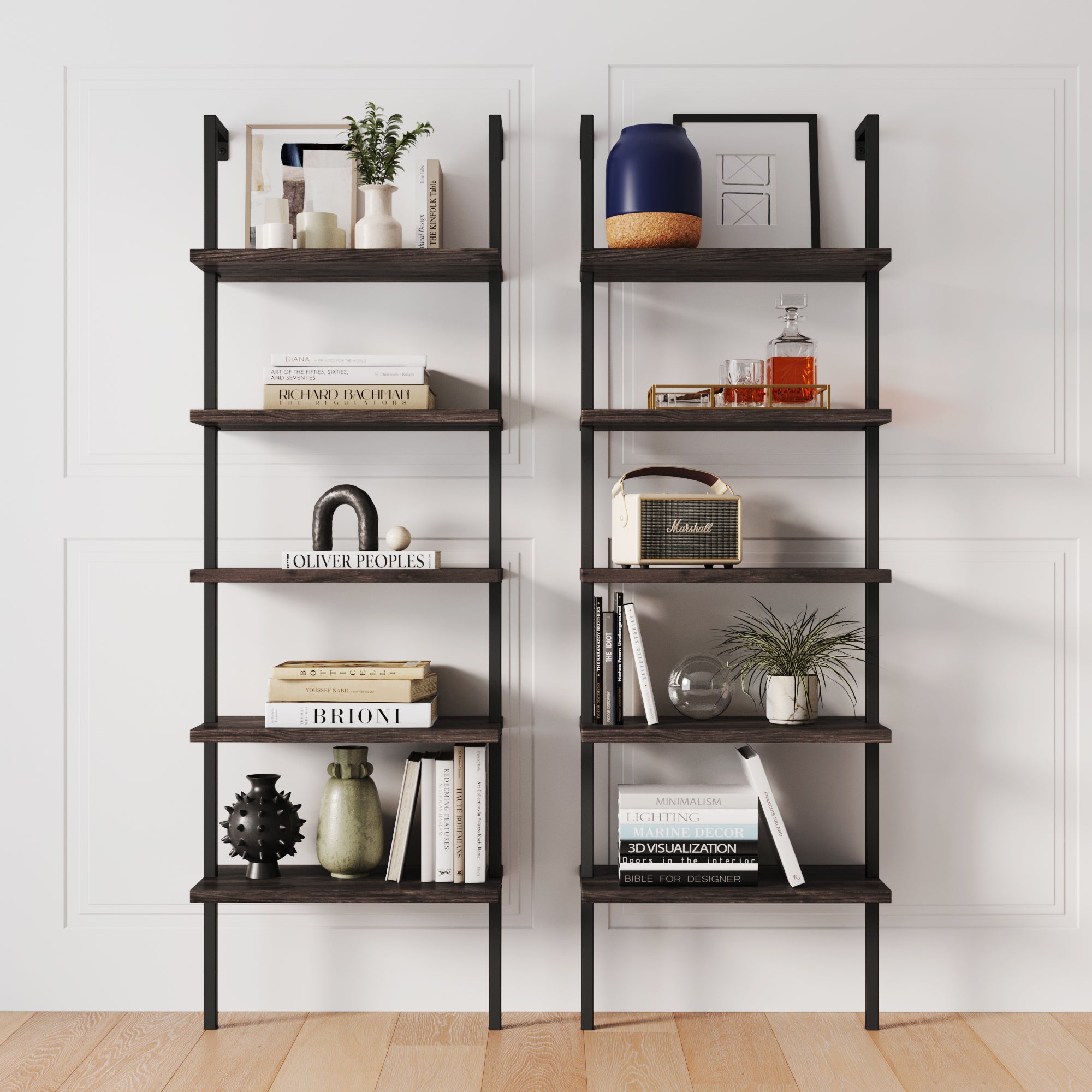 5-Shelf Ladder Wall Bookshelves Nutmeg (Set of 2)