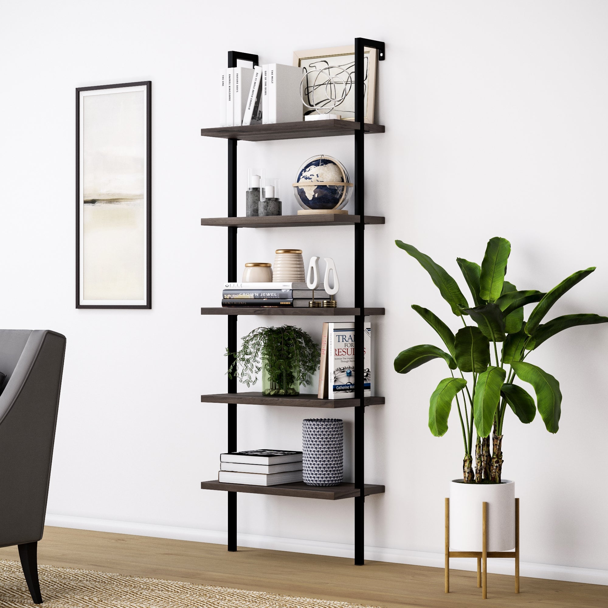 Bookshelf 5-Tier Wall Mount Ladder Storage Industrial high quality Bookcase Shelf Modern Wood