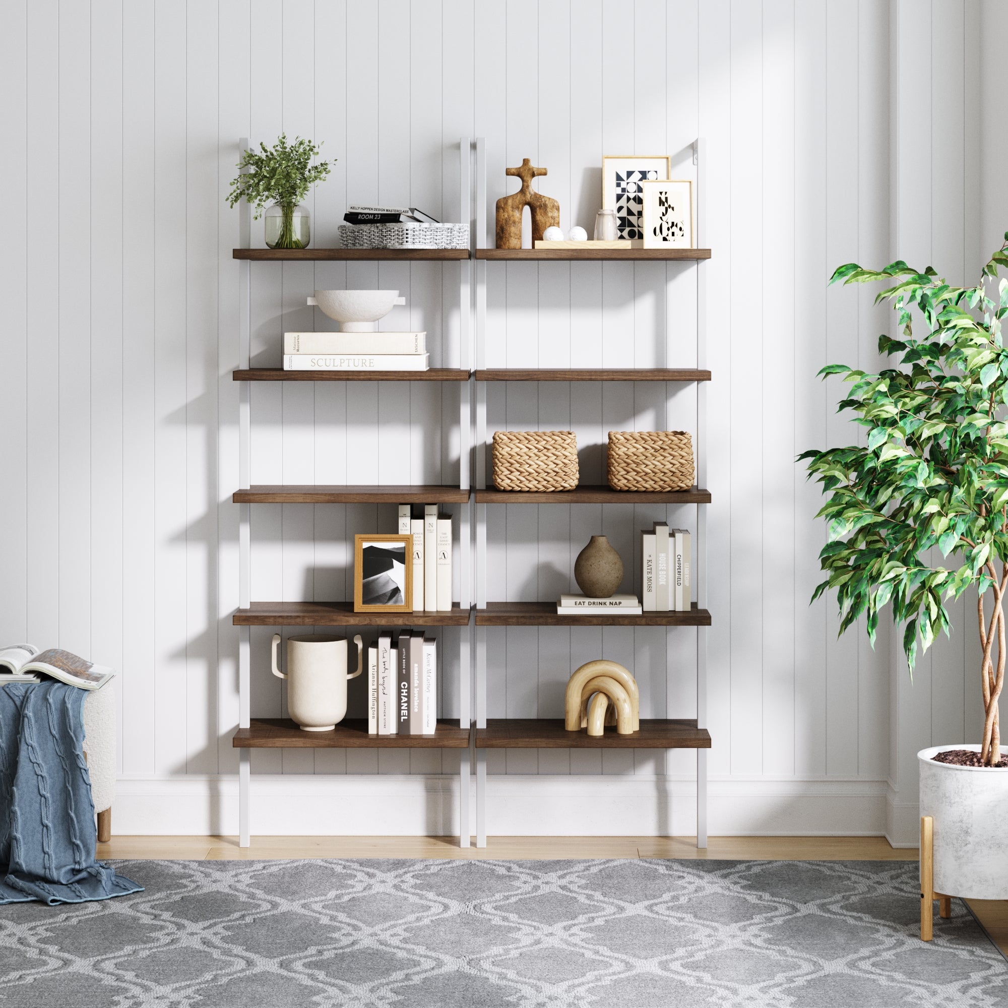 Ladder Bookshelf Oak Matte White Set of 2