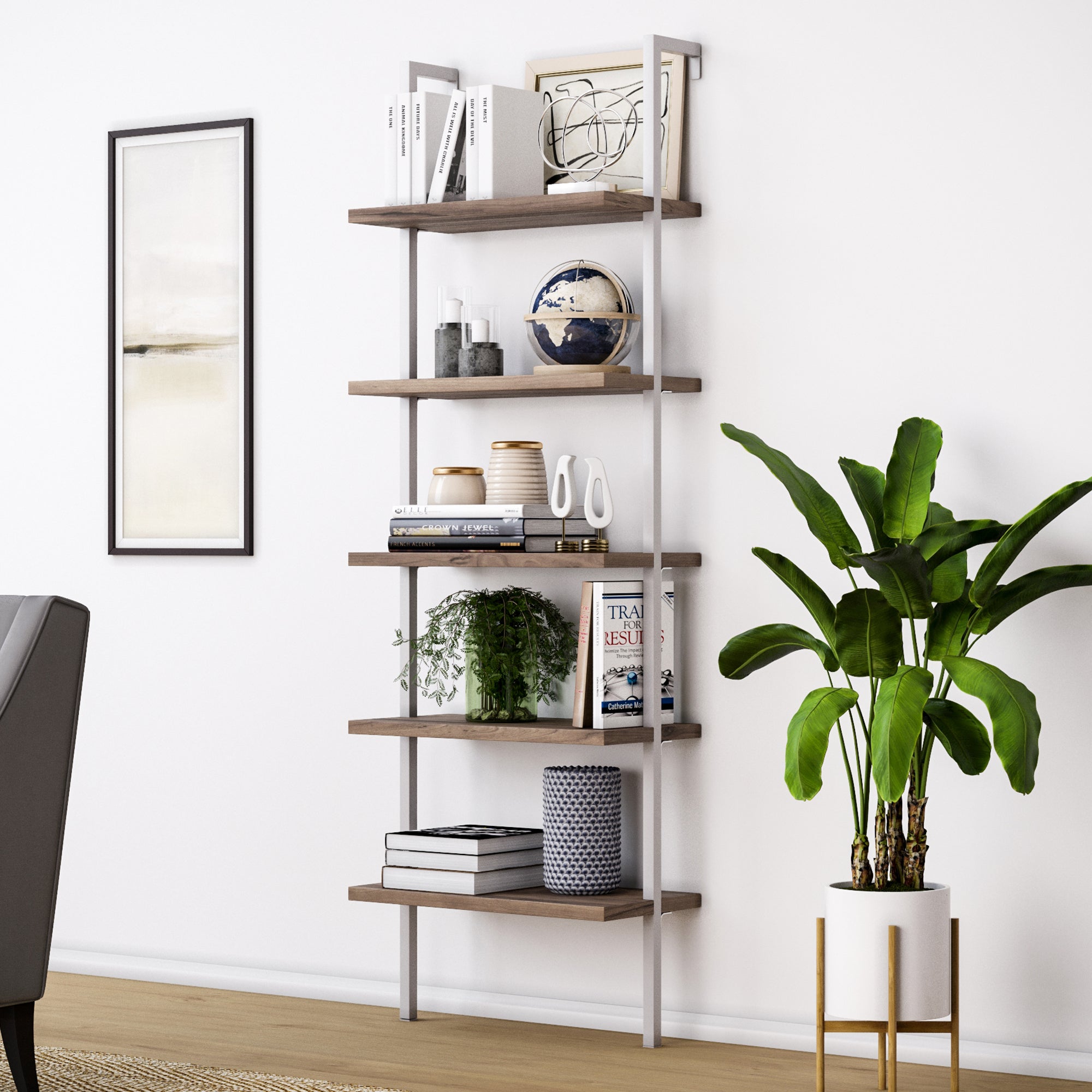 5-Shelf Ladder Bookshelf Oak Matte White