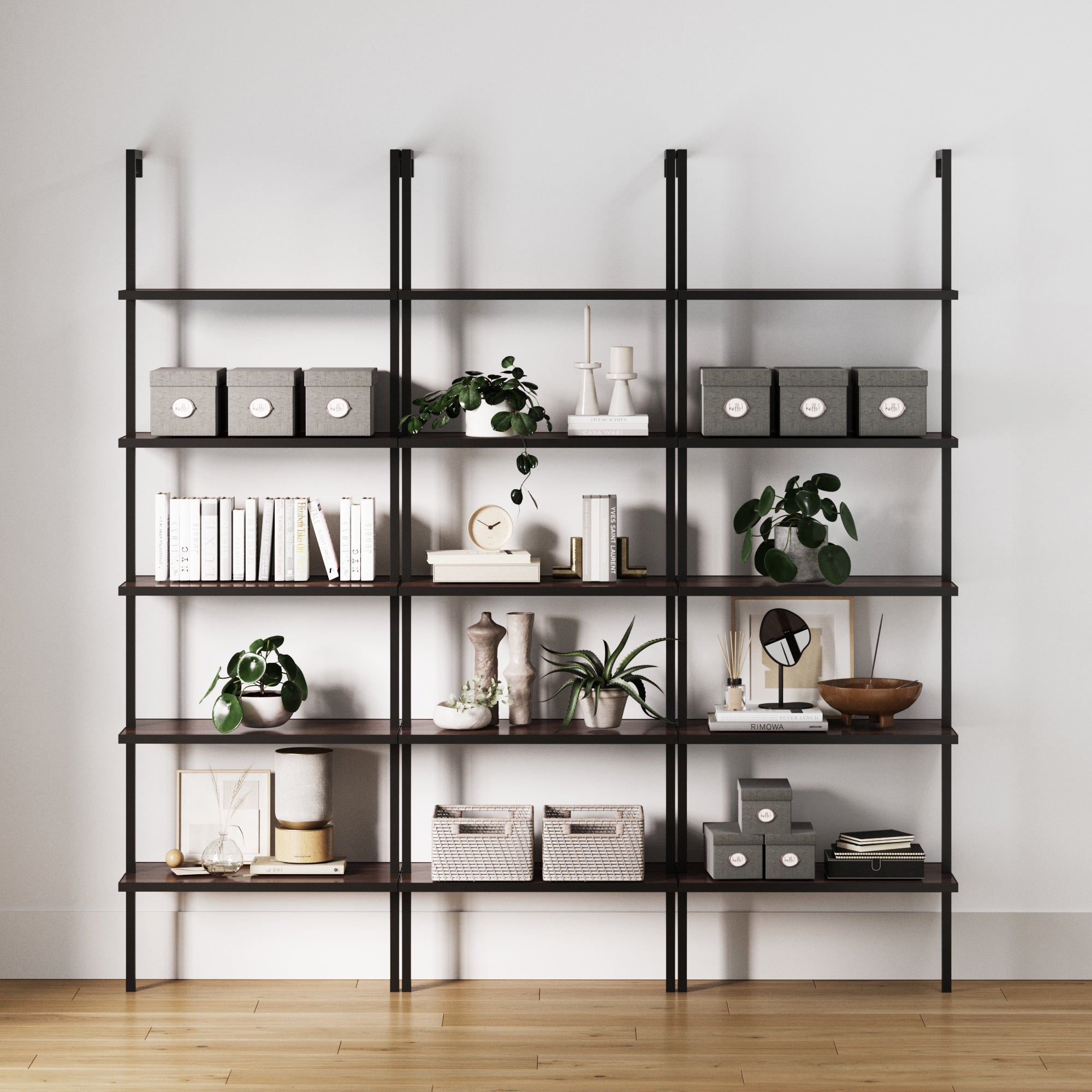 5-Shelf Bookshelf Walnut Matte Black (Set of 3)