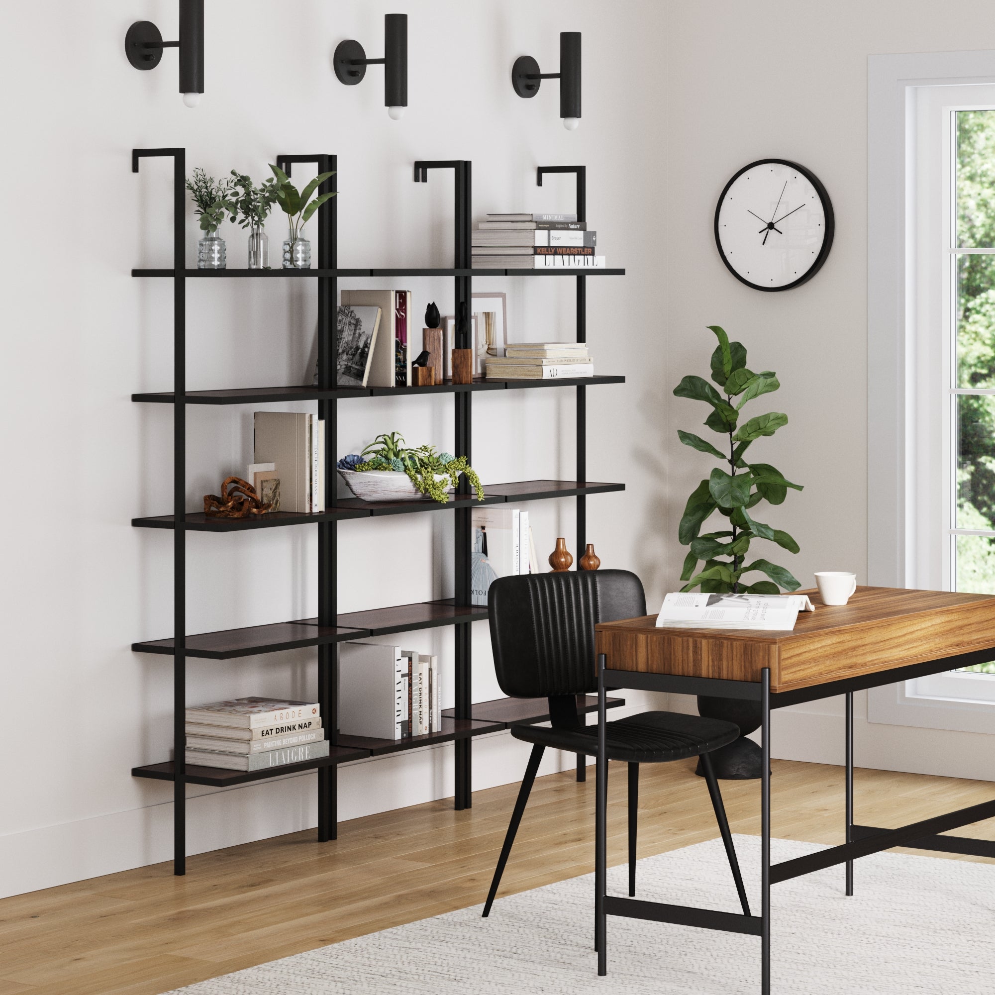 5-Shelf Bookshelf Walnut Matte Black (Set of 3)