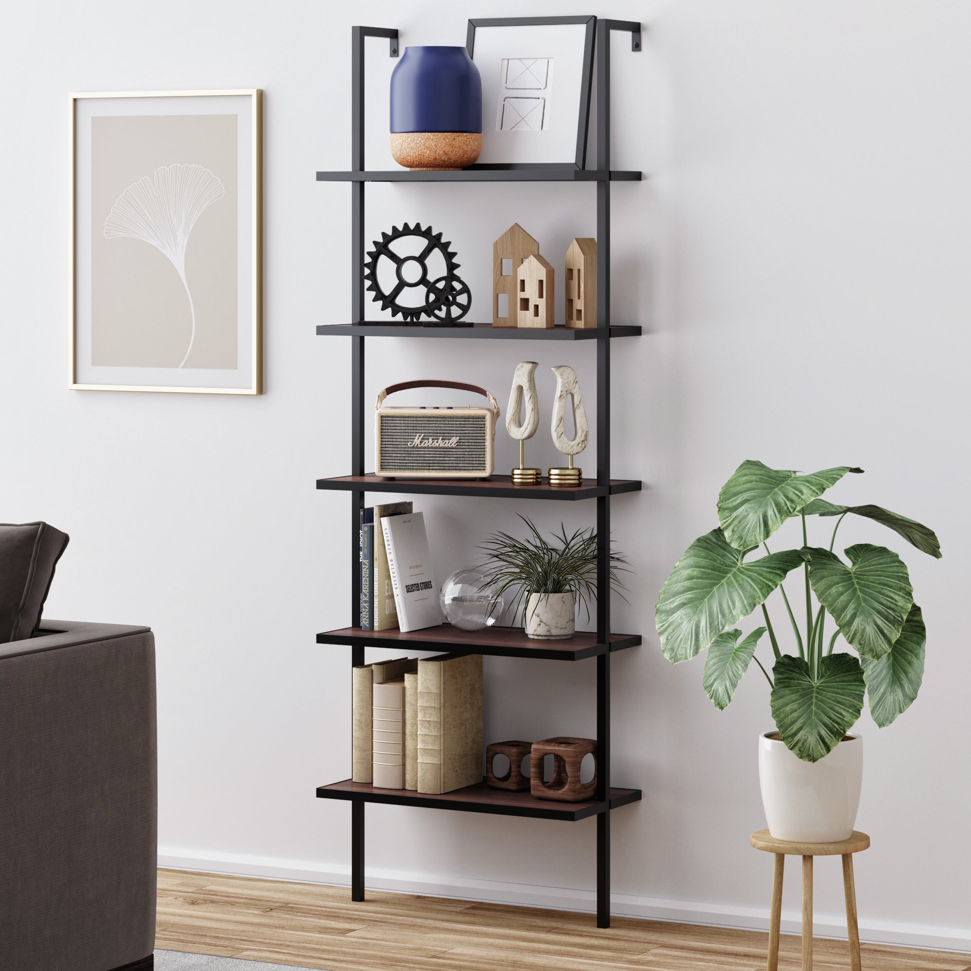 5-Shelf Ladder Bookshelf Walnut Matte Black