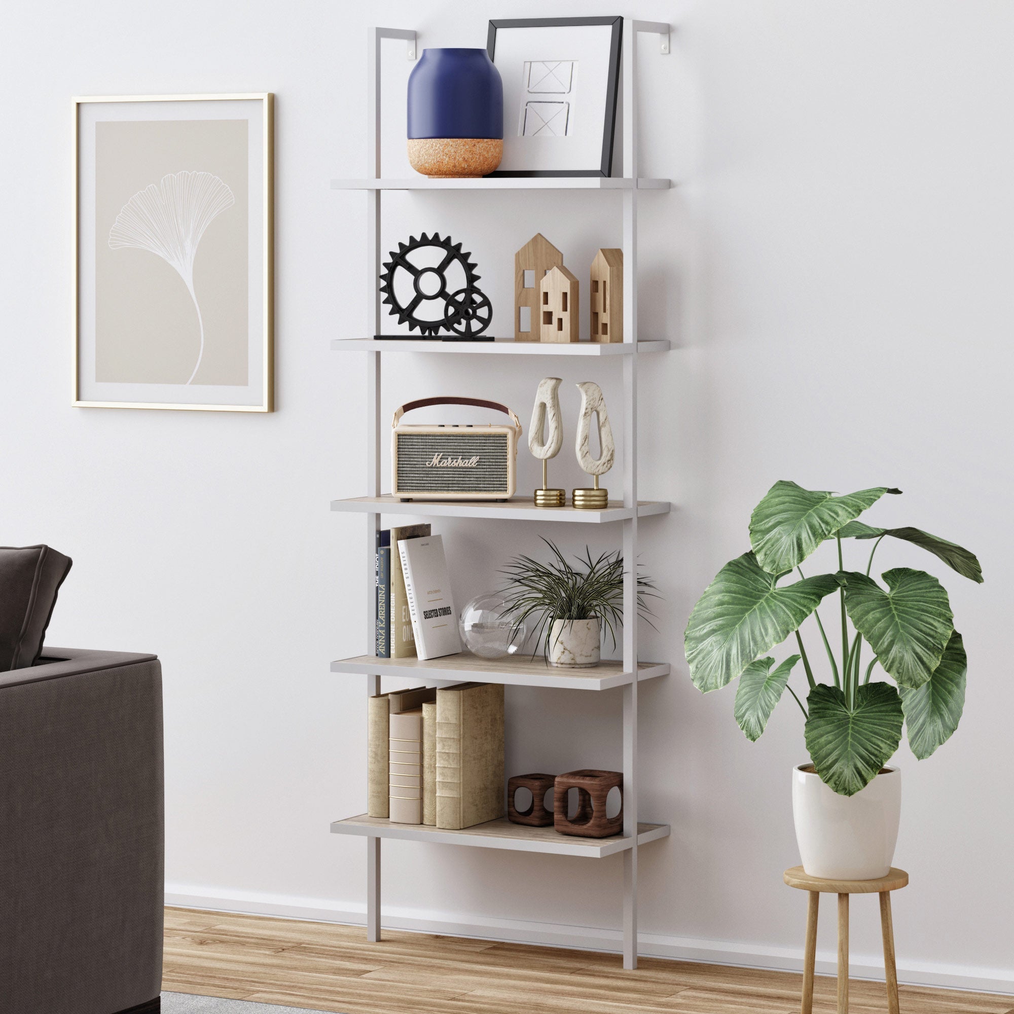 5-Shelf Ladder Bookshelf Gray Oak White