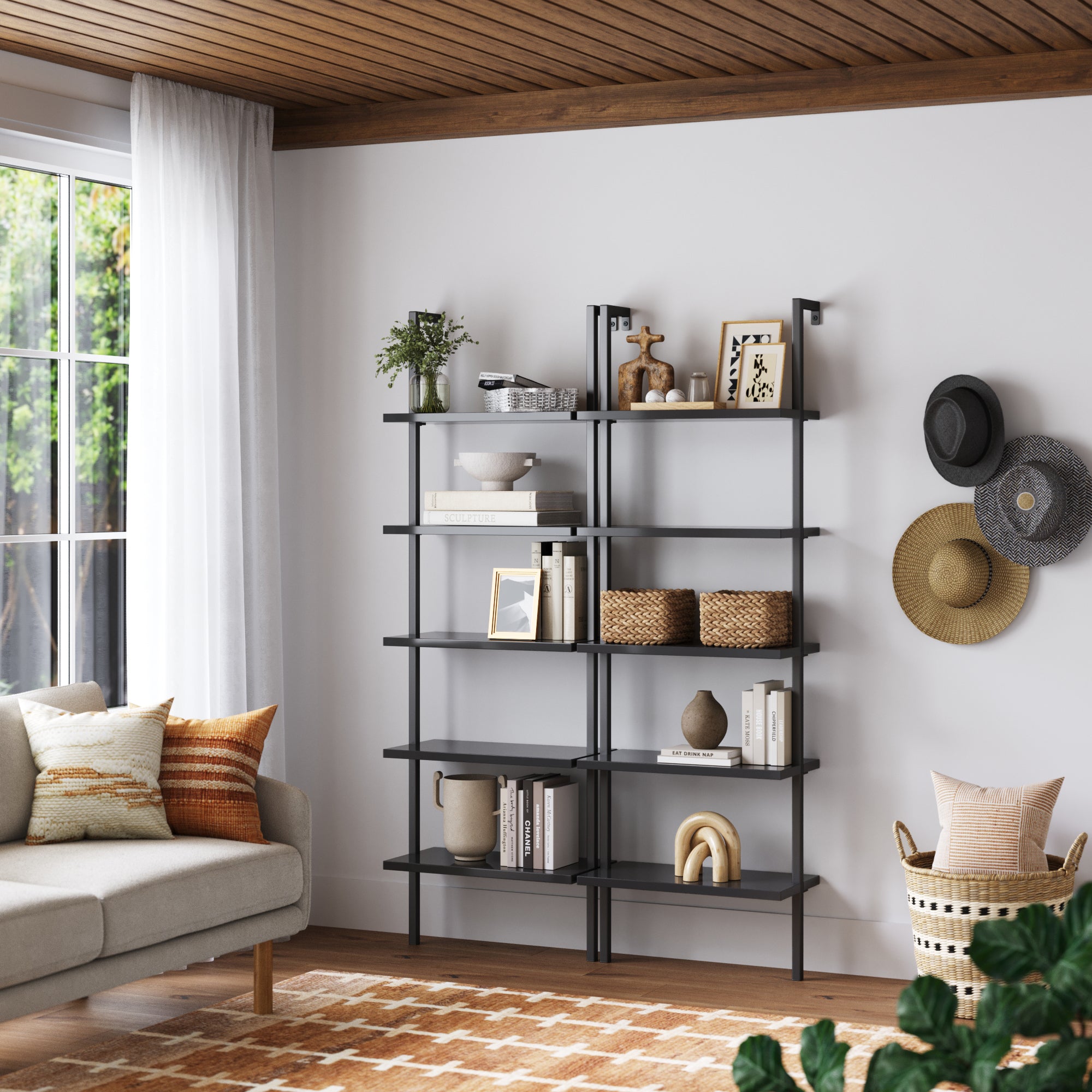 Theo Modern Industrial Bookcase Wood & Metal Set of 2