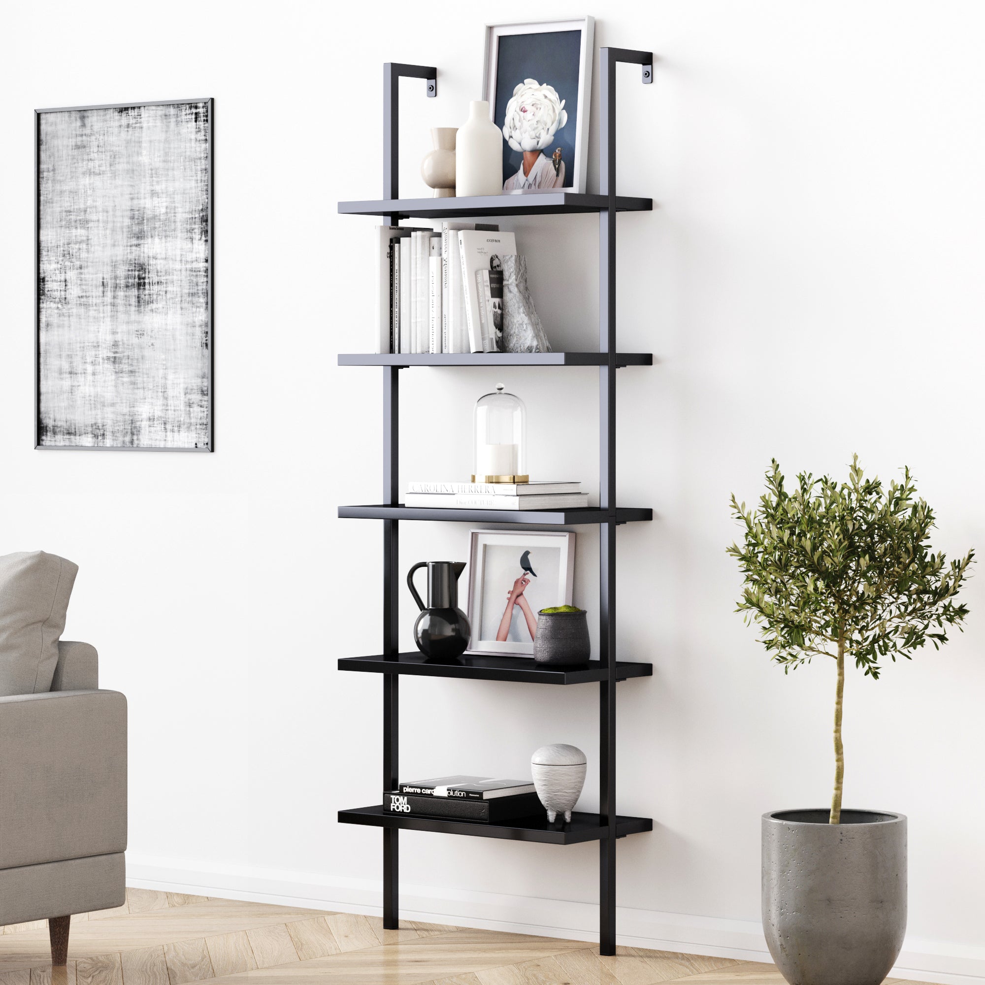 5-Shelf Ladder Bookshelf Black