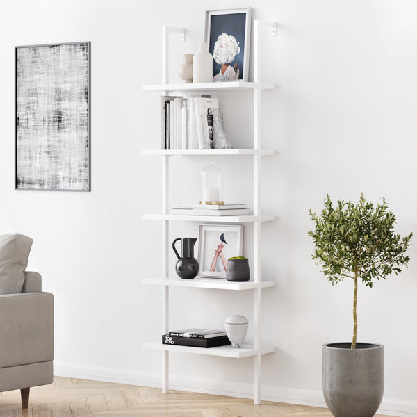 Wood & Metal Ladder Wall Bookshelf Matte White / 5 Shelves