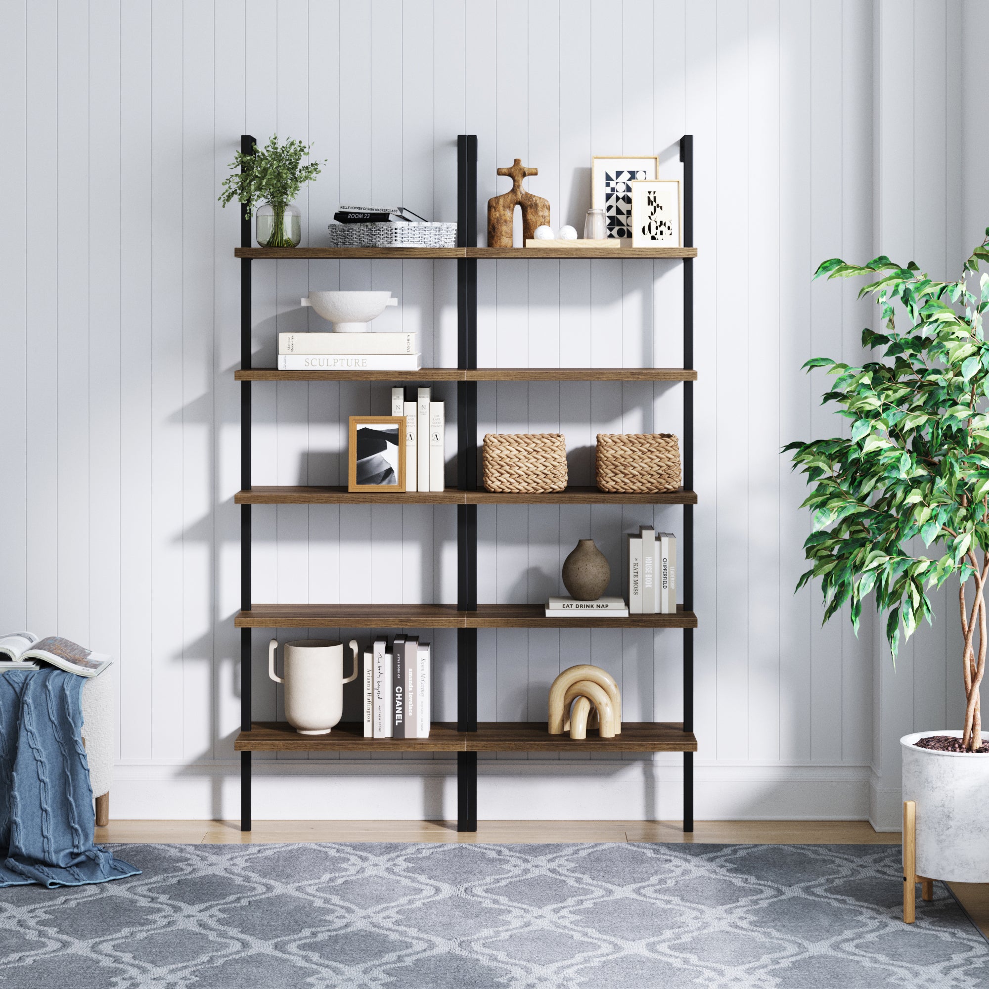 5-Shelf Ladder Bookshelf Oak Matte Black (Set of 2)