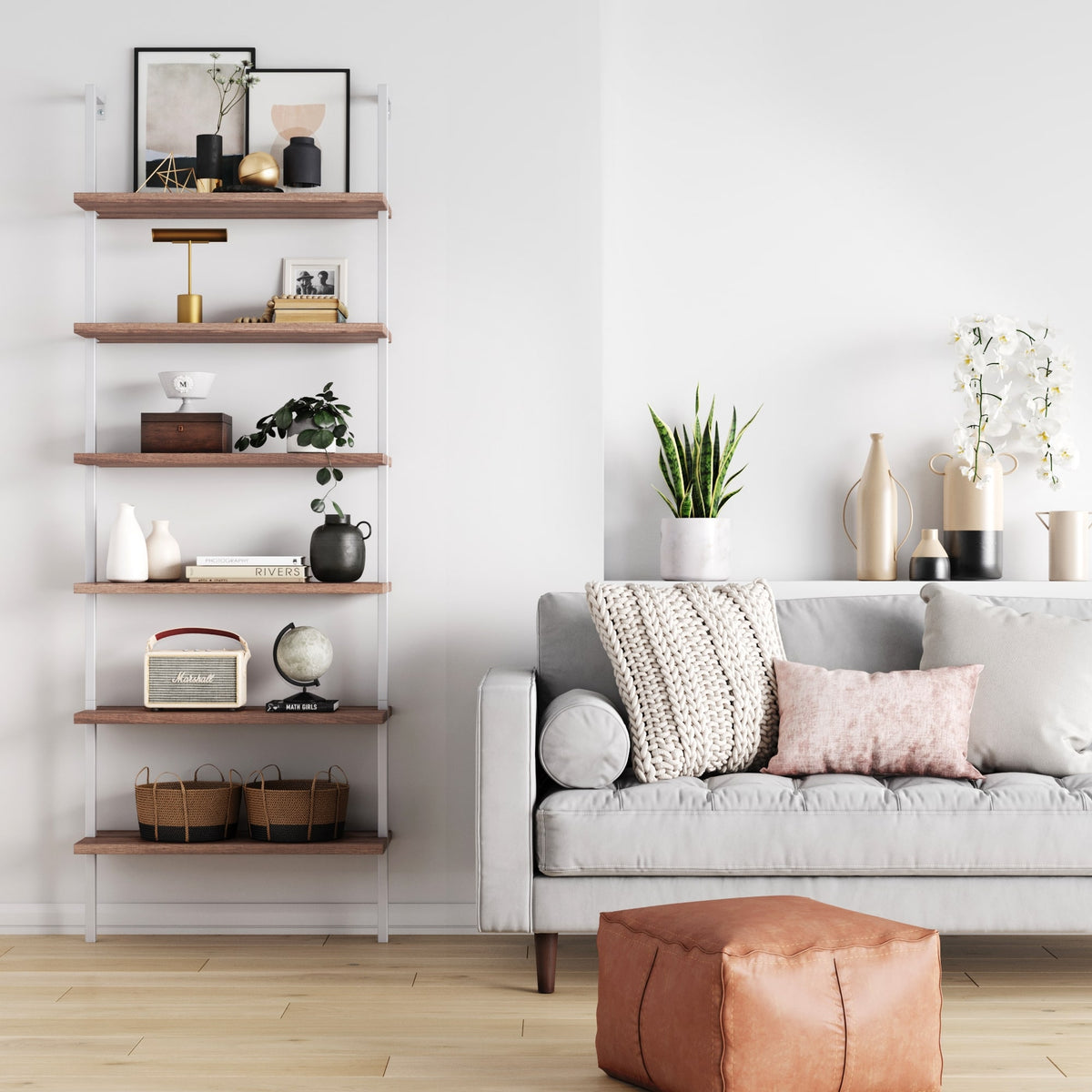 Theo Bookshelf Oak Matte White 6-Shelf Ladder | Nathan James