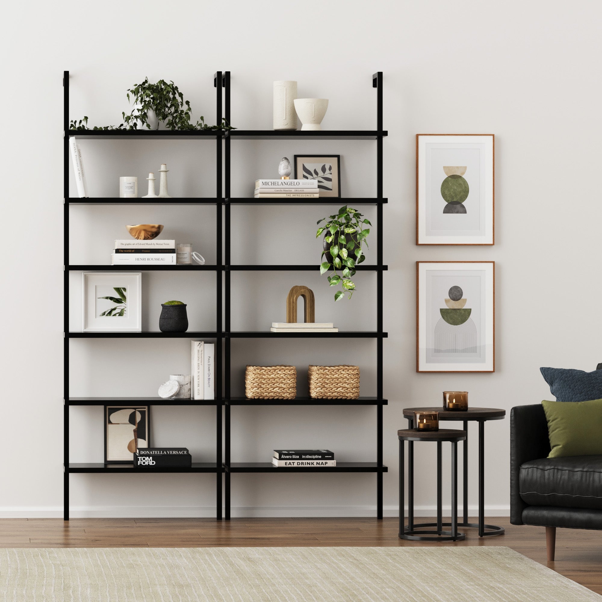 6-Shelf Wall Mount Bookshelf Black (Set of 2)