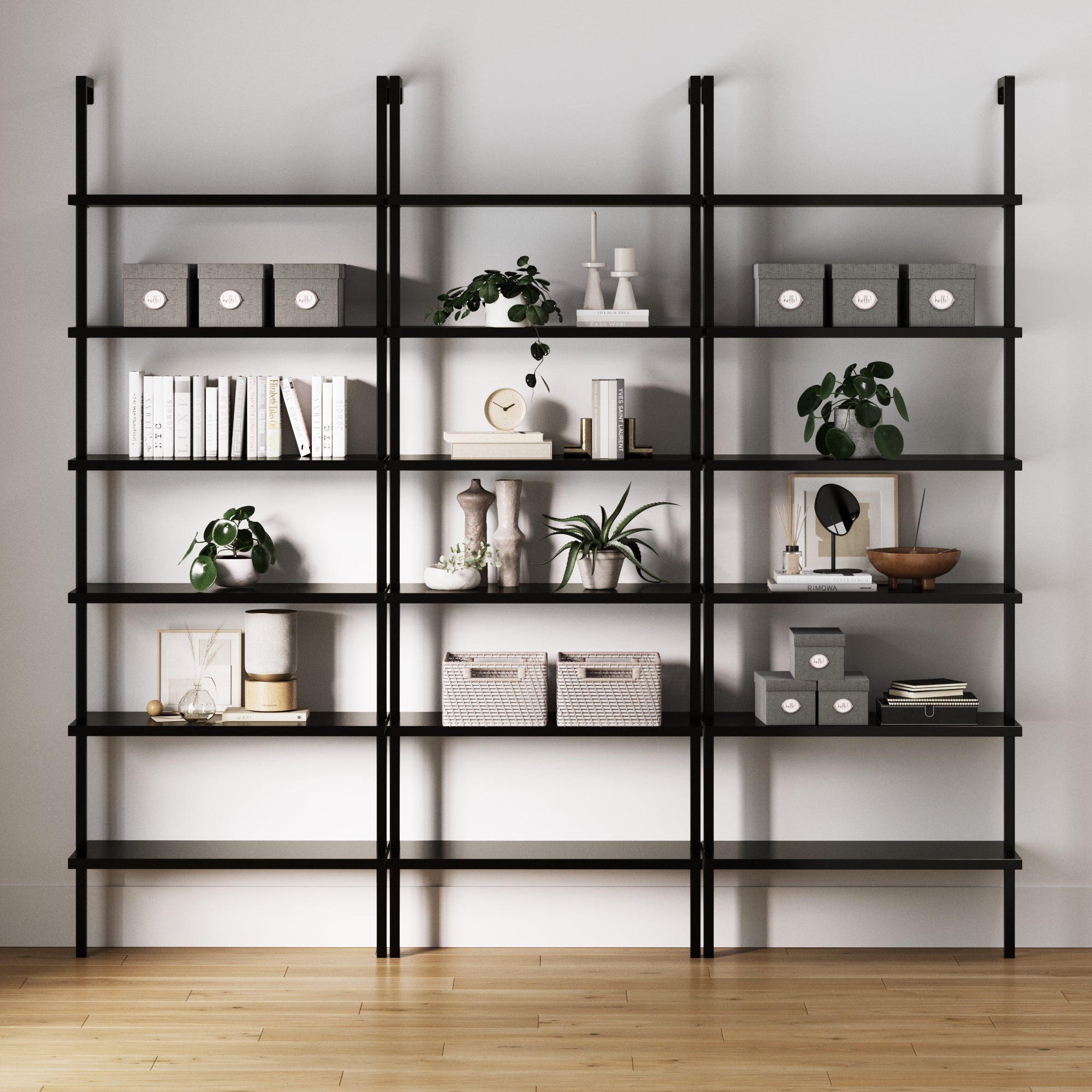 6-Shelf Wall Mount Bookshelf Black (Set of 3)