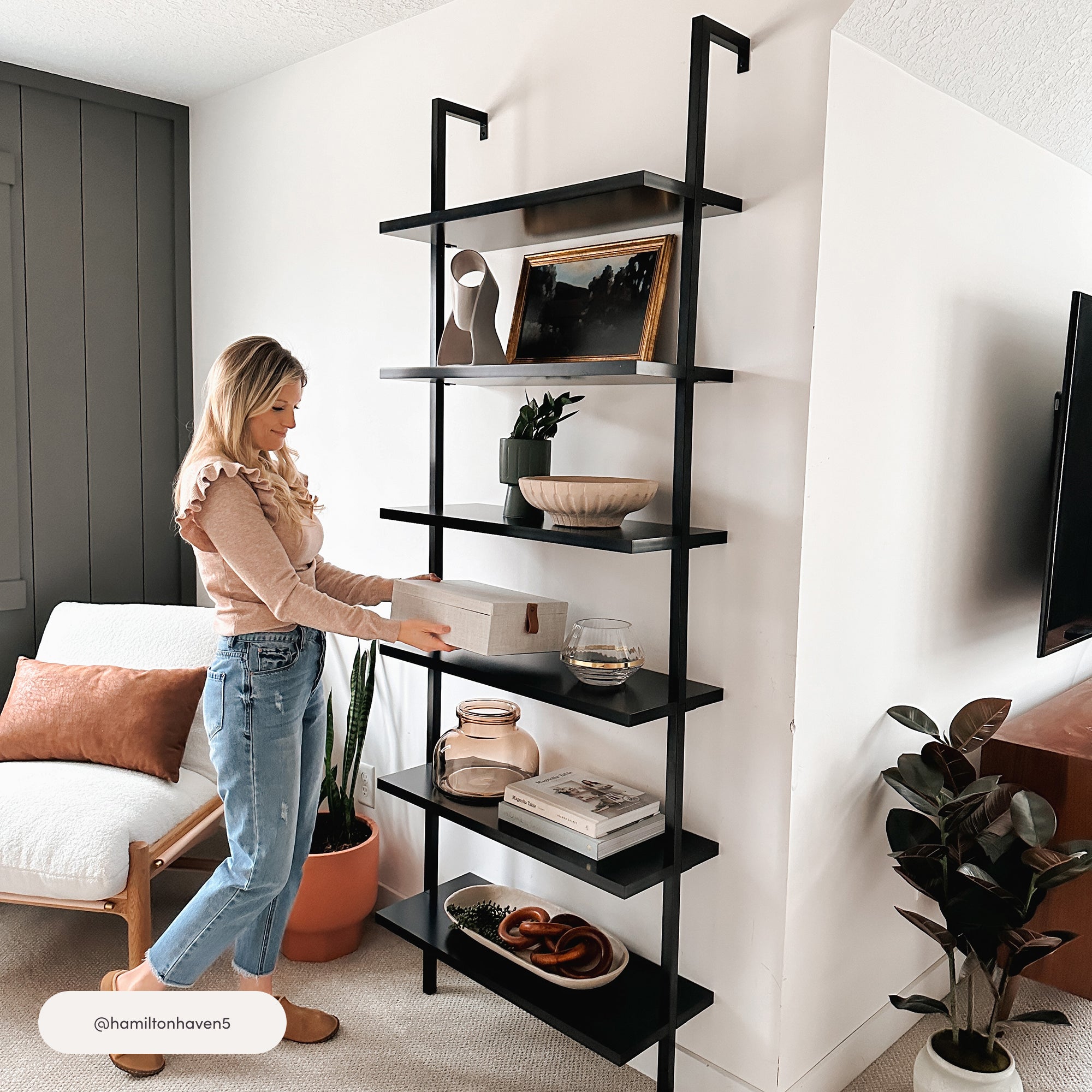 棚・シェルフ・ラック cafe shelf 6-Shelf Wood Wall Mount Black Ladder Bookshelf Set of 2 | Nathan James