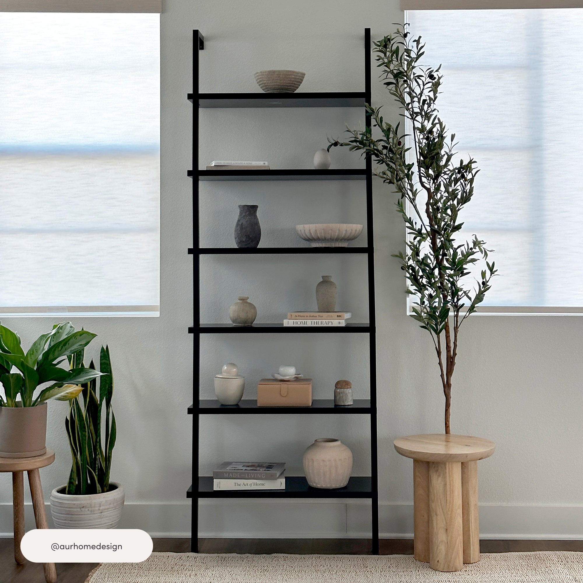 6-Shelf Wood Wall Mount Etagere Black Ladder Bookshelf | Nathan James