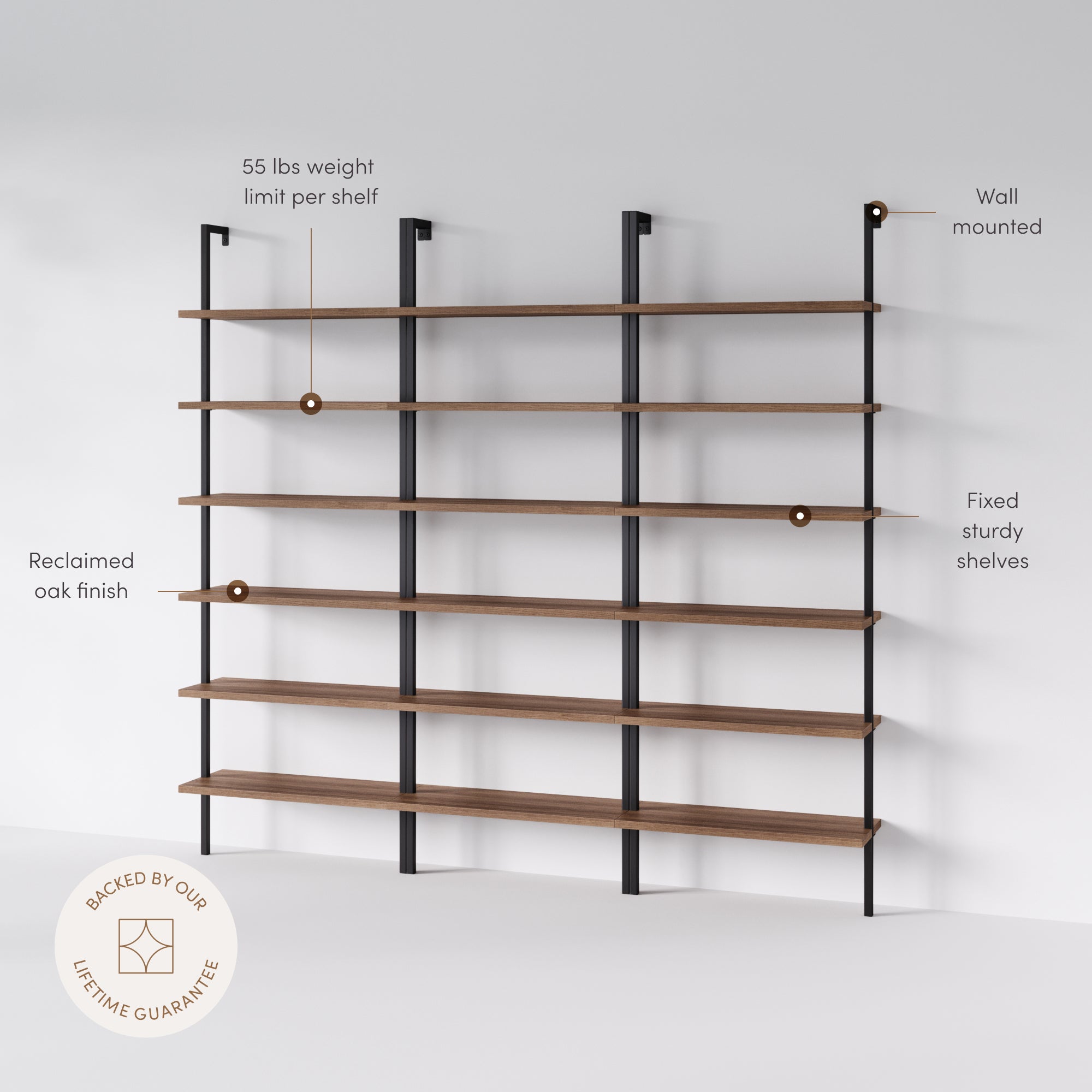 Theo 6-Shelf Bookcase Oak Matte Black Set of 3 | Nathan James