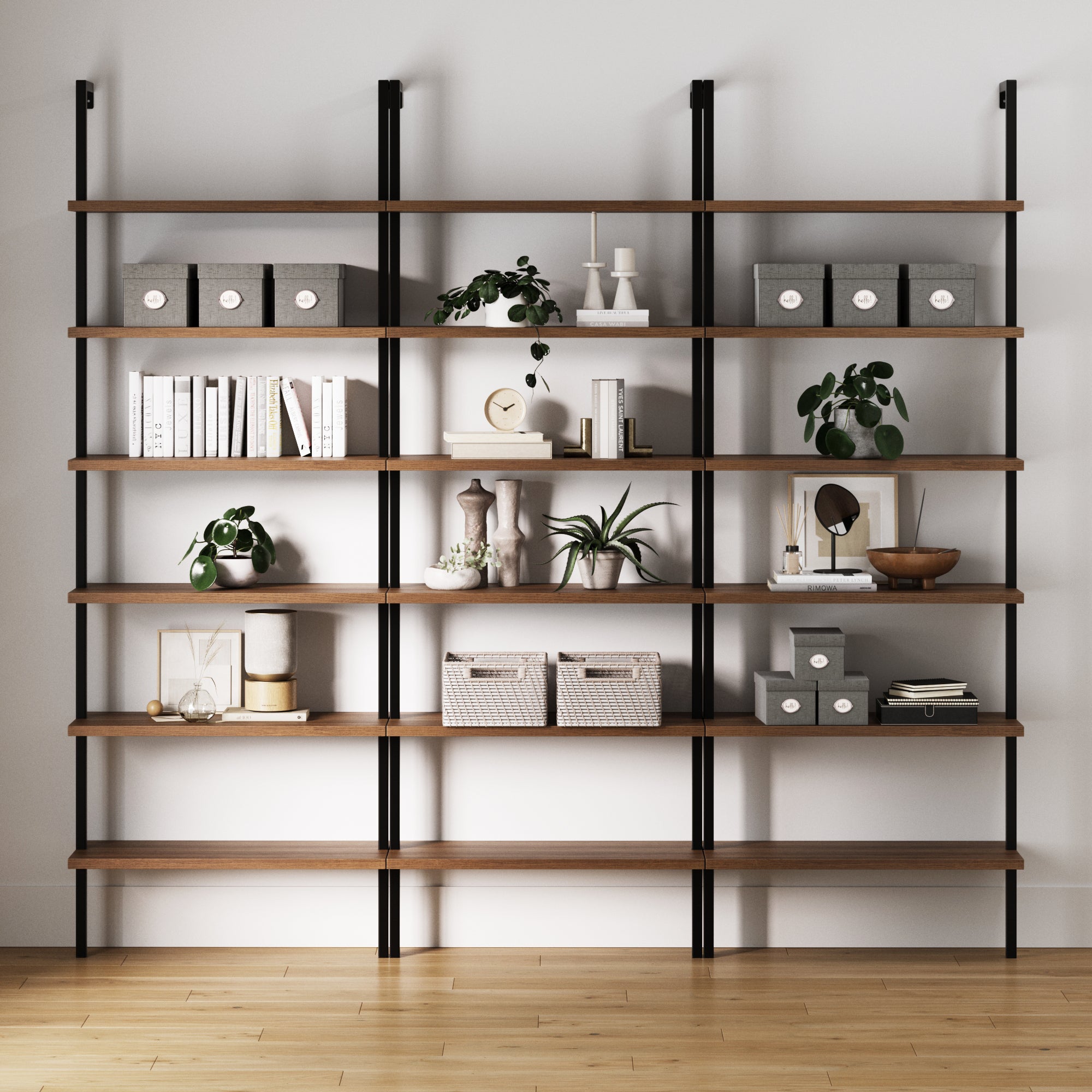 6-Shelf Bookcase Oak Matte Black (Set of 3)