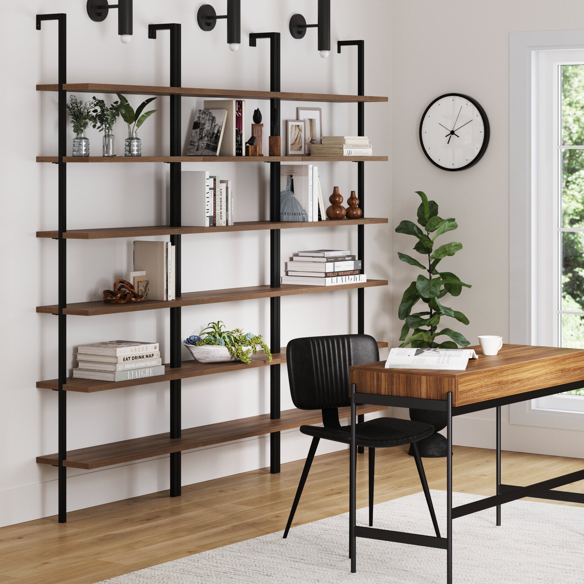 6-Shelf Bookcase Oak Matte Black Set of 3