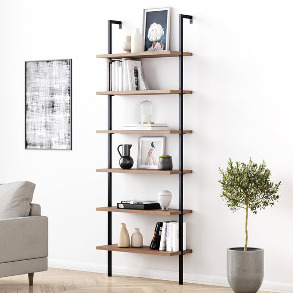 Wood & Metal Ladder Wall Bookshelf Reclaimed Oak-Matte Black / 6 Shelves