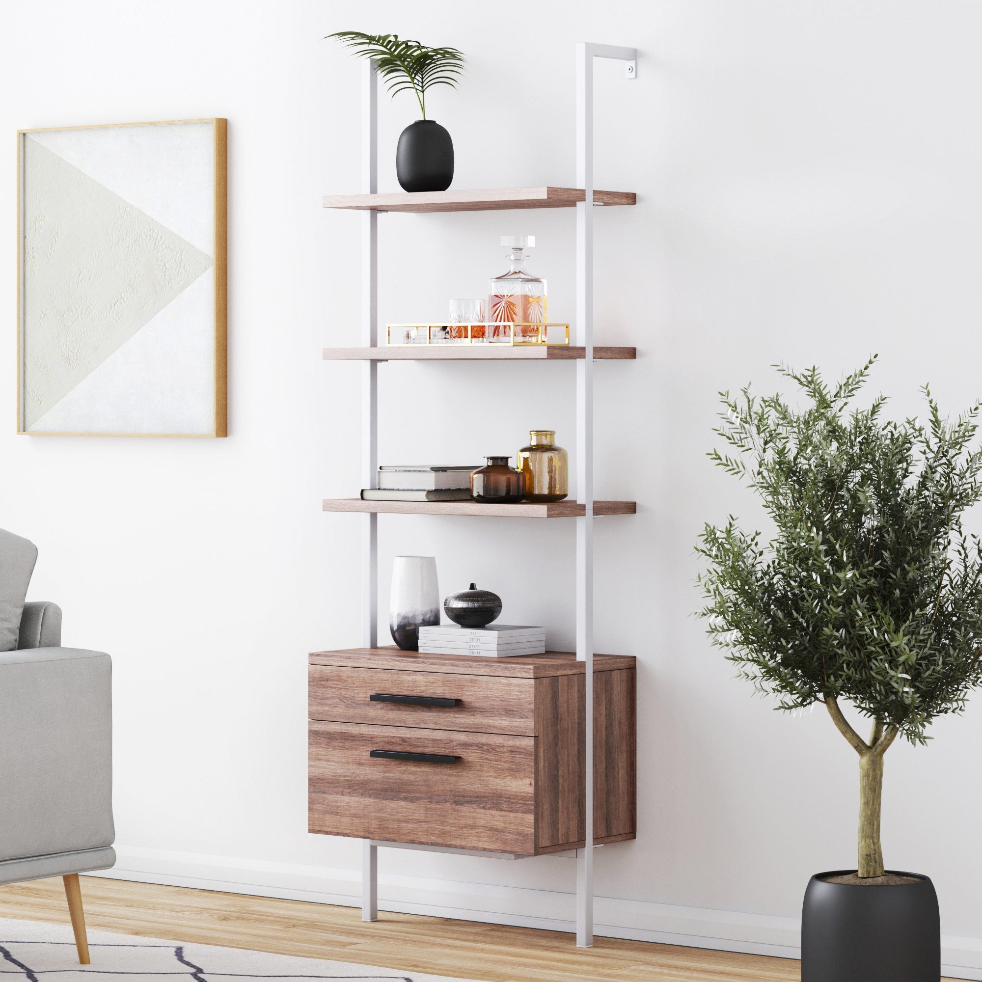 Wood Ladder Storage Bookshelf with Doors Reclaimed Oak