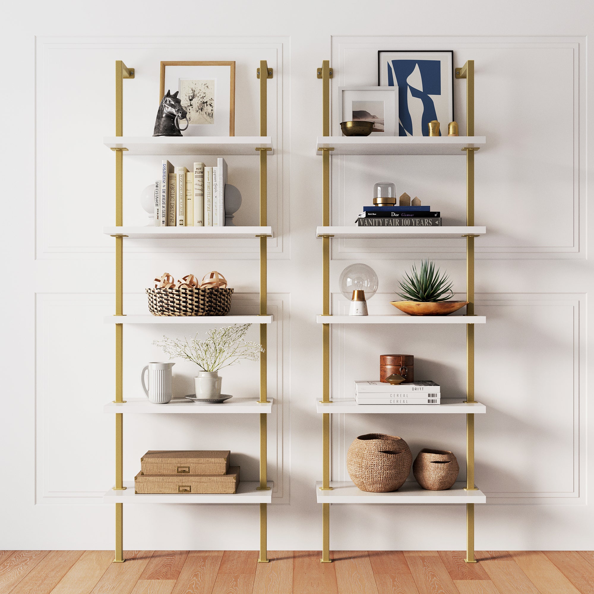 5-Shelf Ladder Wall Bookshelves White Gold (Set of 2)