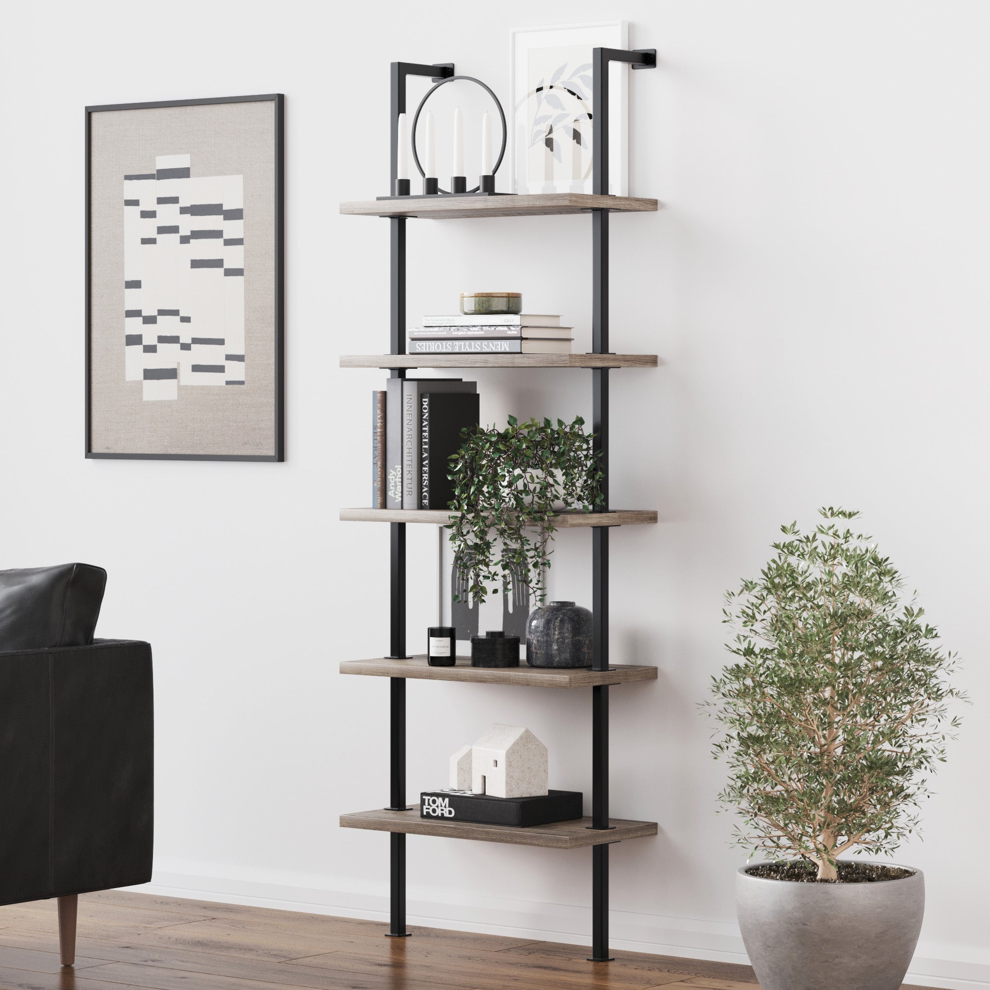 Ladder Bookshelf Light Gray Oak Matte Black