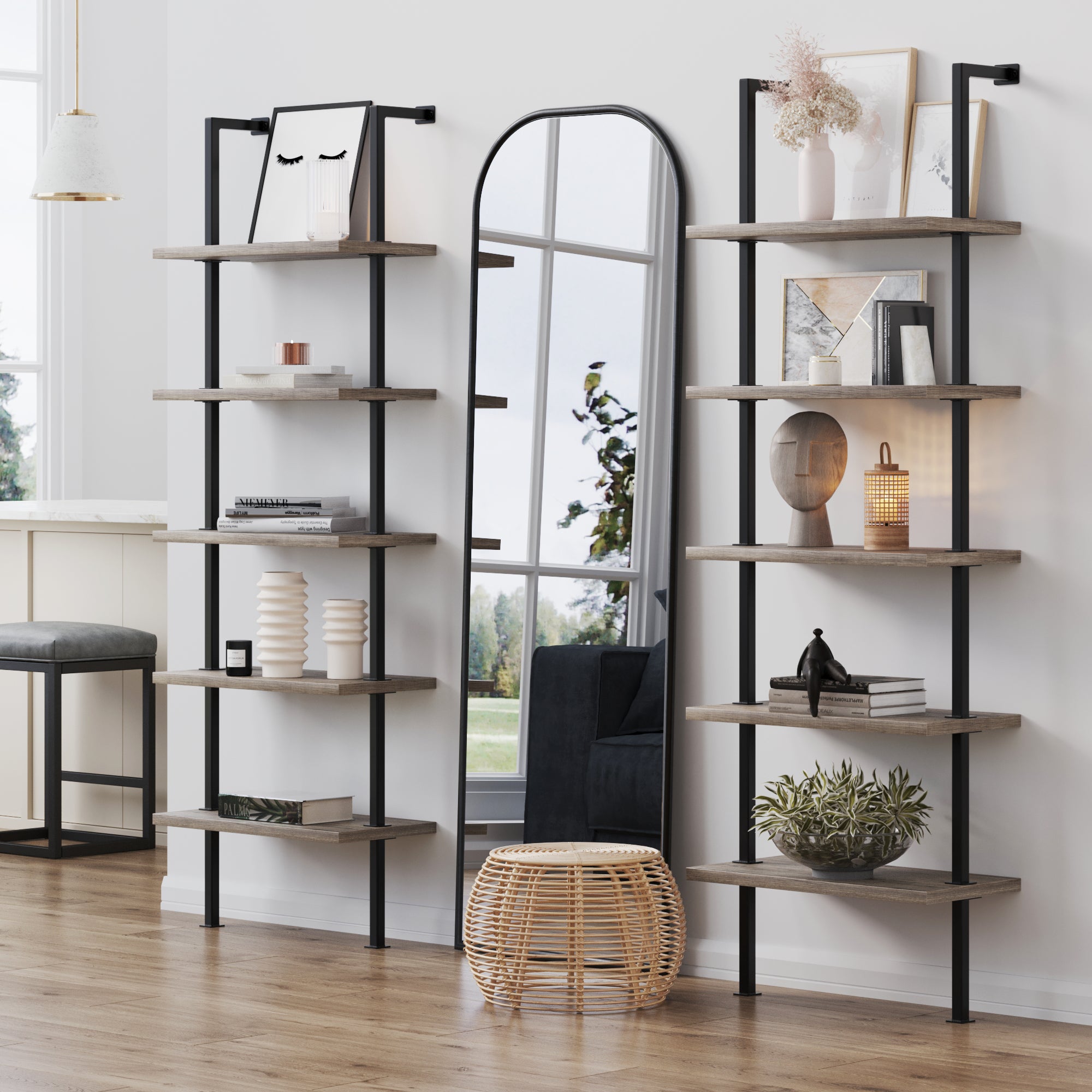 5-Shelf Ladder Bookshelf Gray Oak (Set of 2)