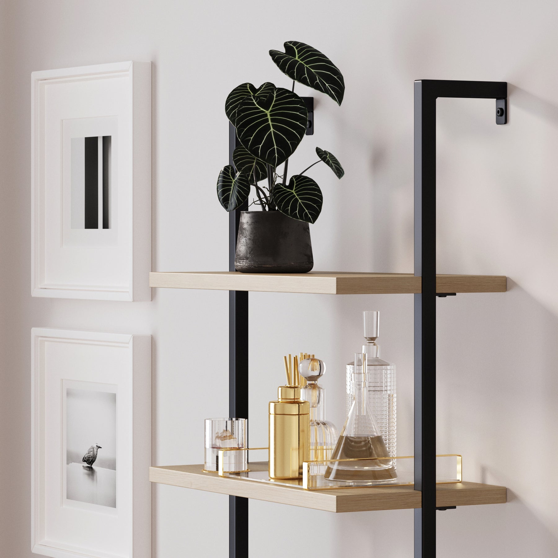 Rattan Ladder Wall Bookshelves with Doors Light Oak (Set of 2)