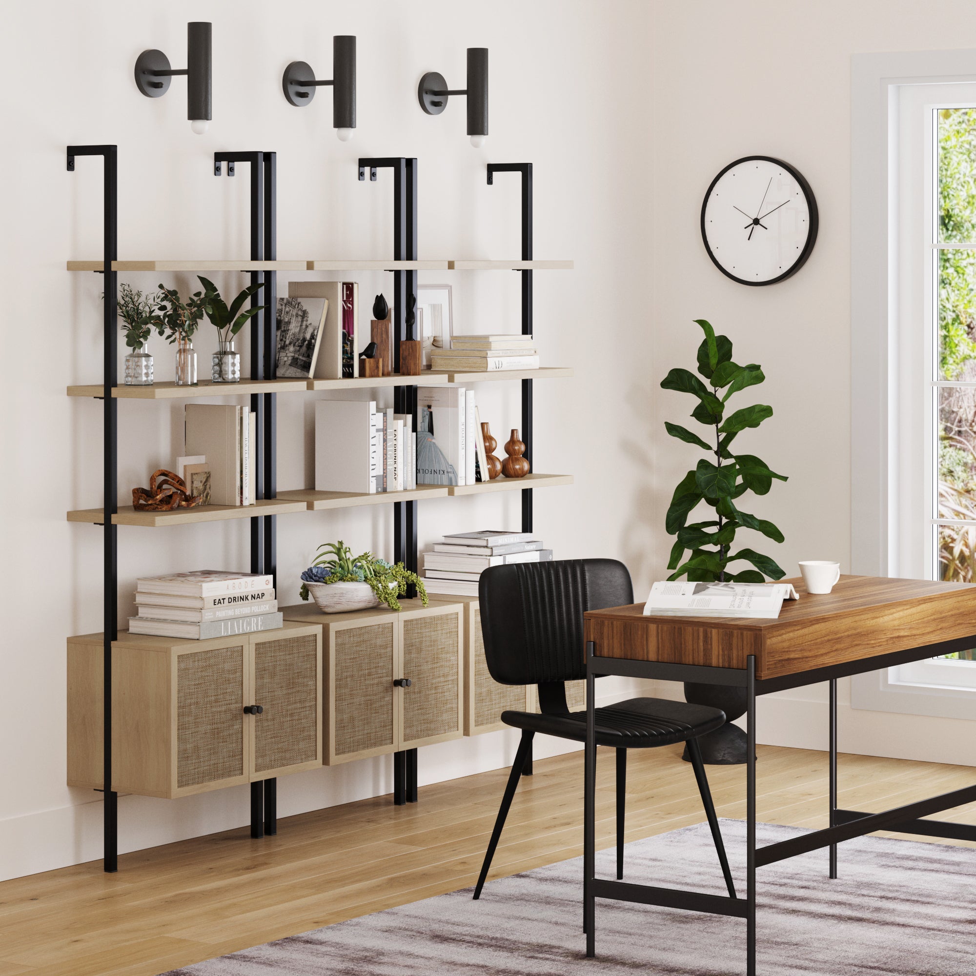 Rattan Ladder Bookshelves Light Oak Set of 3