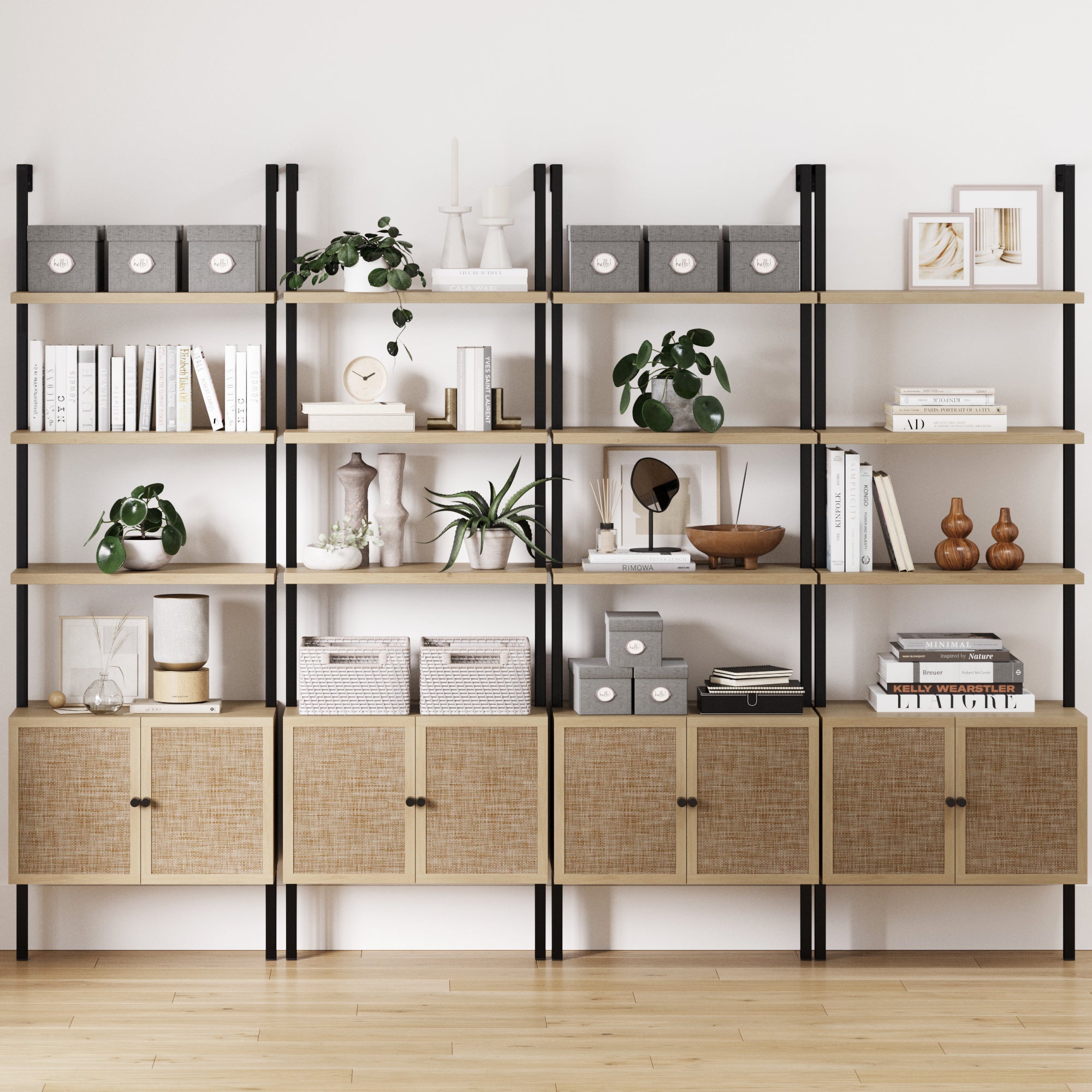 Rattan Ladder Wall Bookshelves with Doors Light Oak (Set of 4)